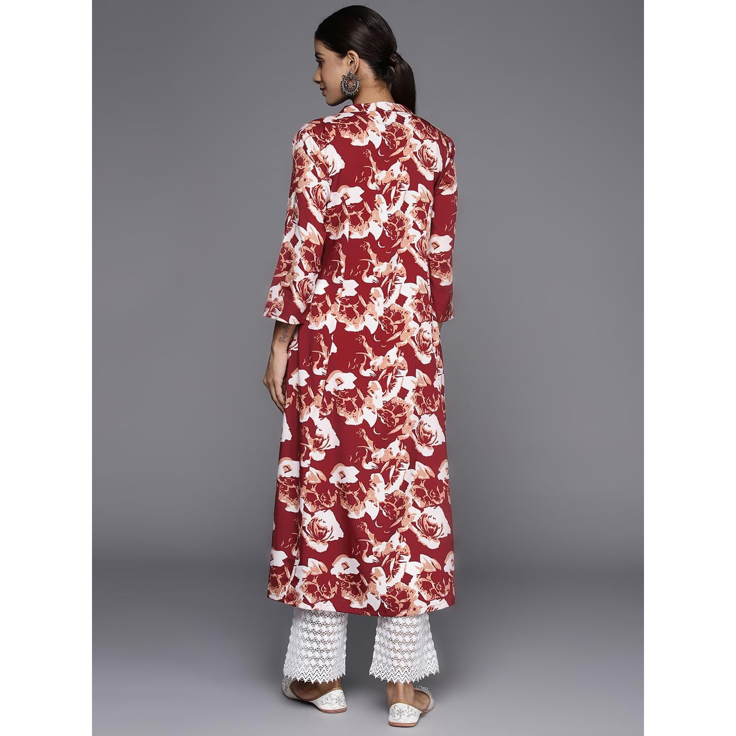 Varanga Maroon Floral Printed Mandarin Collar With Slit, Three Quarter Sleeves A-Line Kurta With Side Slits