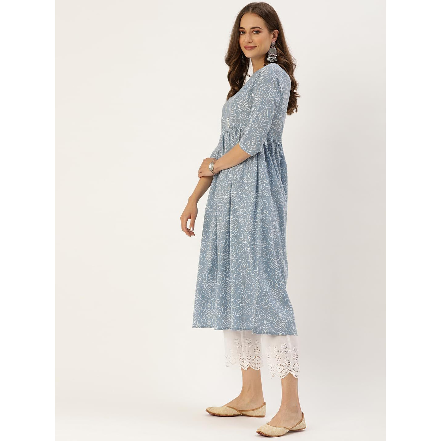 Varanga Women's Blue & White Floral Printed A-Line Kurta | Comfortable Cotton Fabric | Stylish Ethnic Wear (Medium)