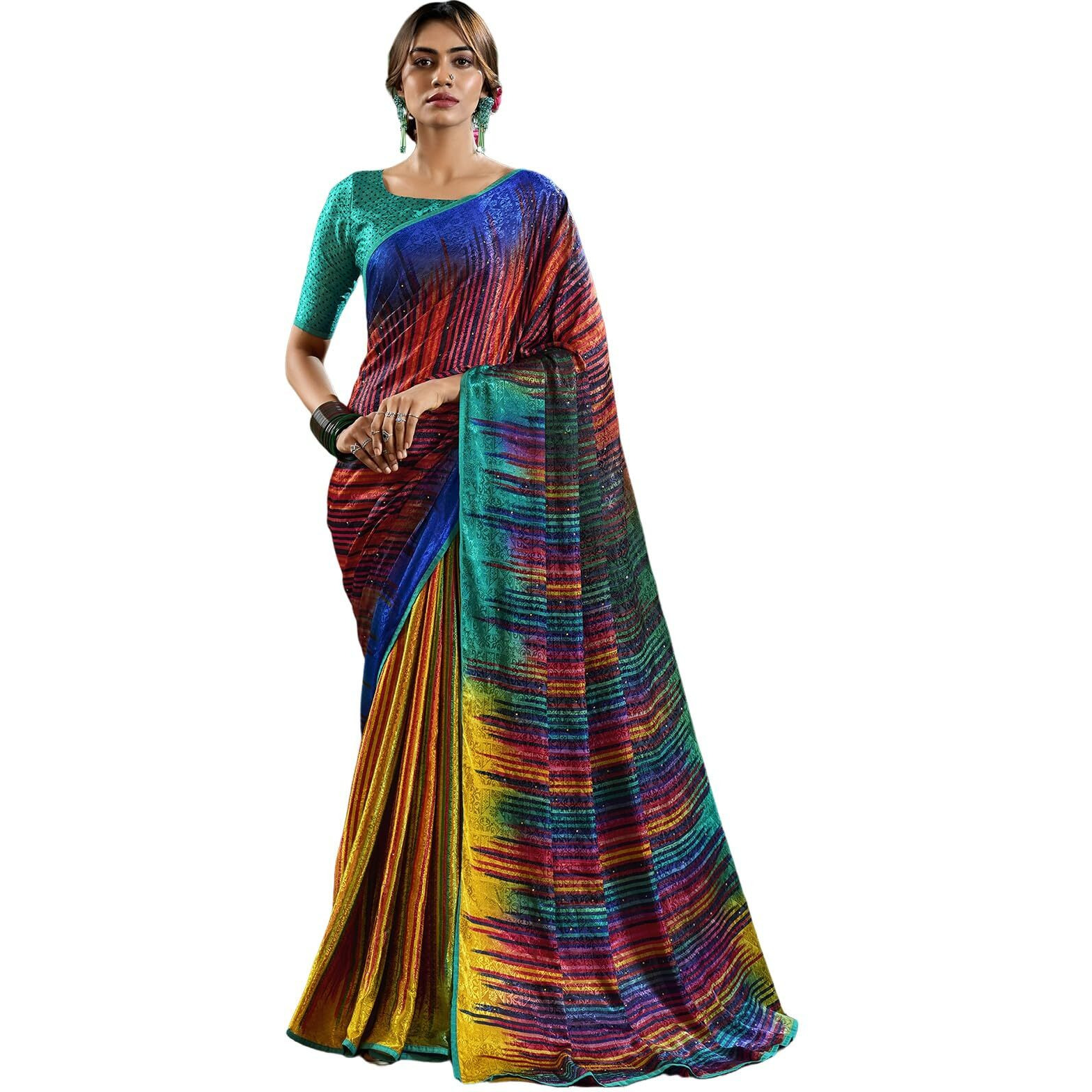 Satrani Women's Silk Crepe Weaving Printed & Stone Work Saree With Unstitched Blouse Piece (4180S114N_Multi2)