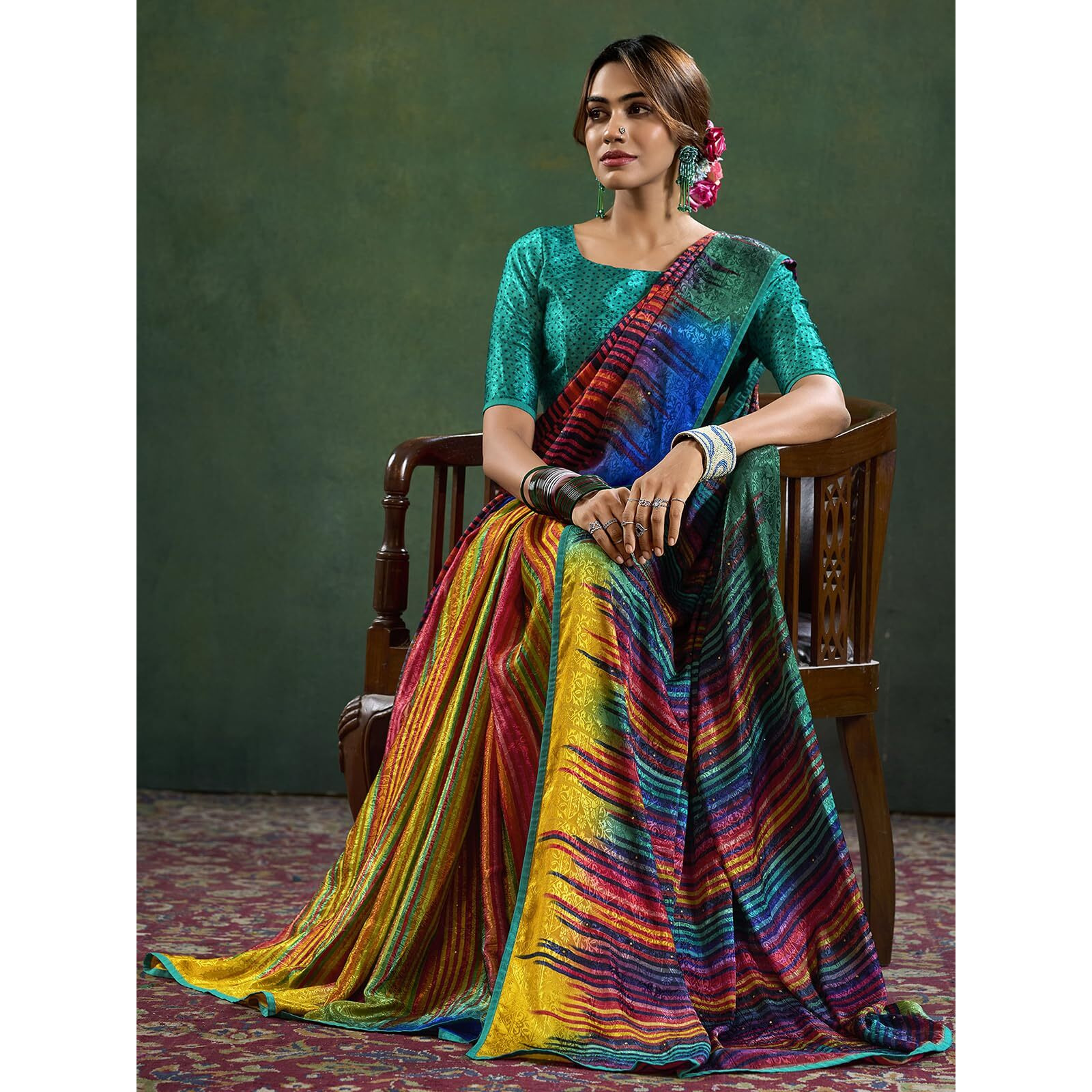 Satrani Women's Silk Crepe Weaving Printed & Stone Work Saree With Unstitched Blouse Piece (4180S114N_Multi2)