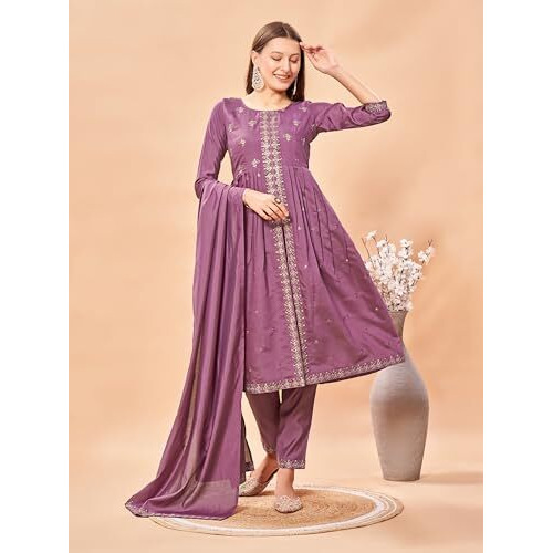Womens Latest Pure Art Silk Embroidery Work Kurta, Pant With Dupatta Set | Women Stylish Kurta Set For Occasion (Medium, Lavender)