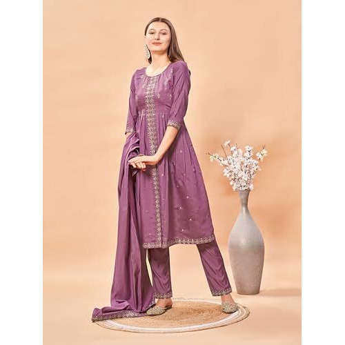 Womens Latest Pure Art Silk Embroidery Work Kurta, Pant With Dupatta Set | Women Stylish Kurta Set For Occasion (Medium, Lavender)