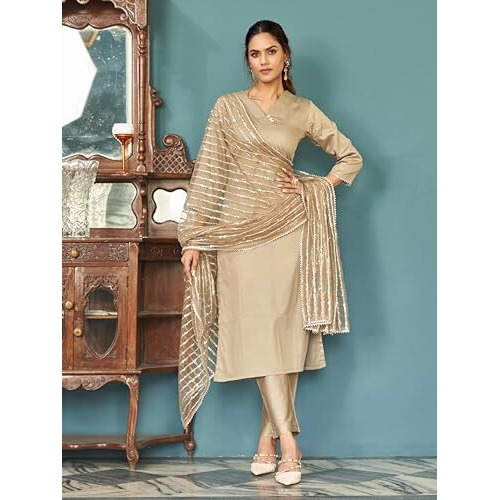 Womanista Women's Pure Cotton Kurta Set(Kurtaset_1231_Beige_S)