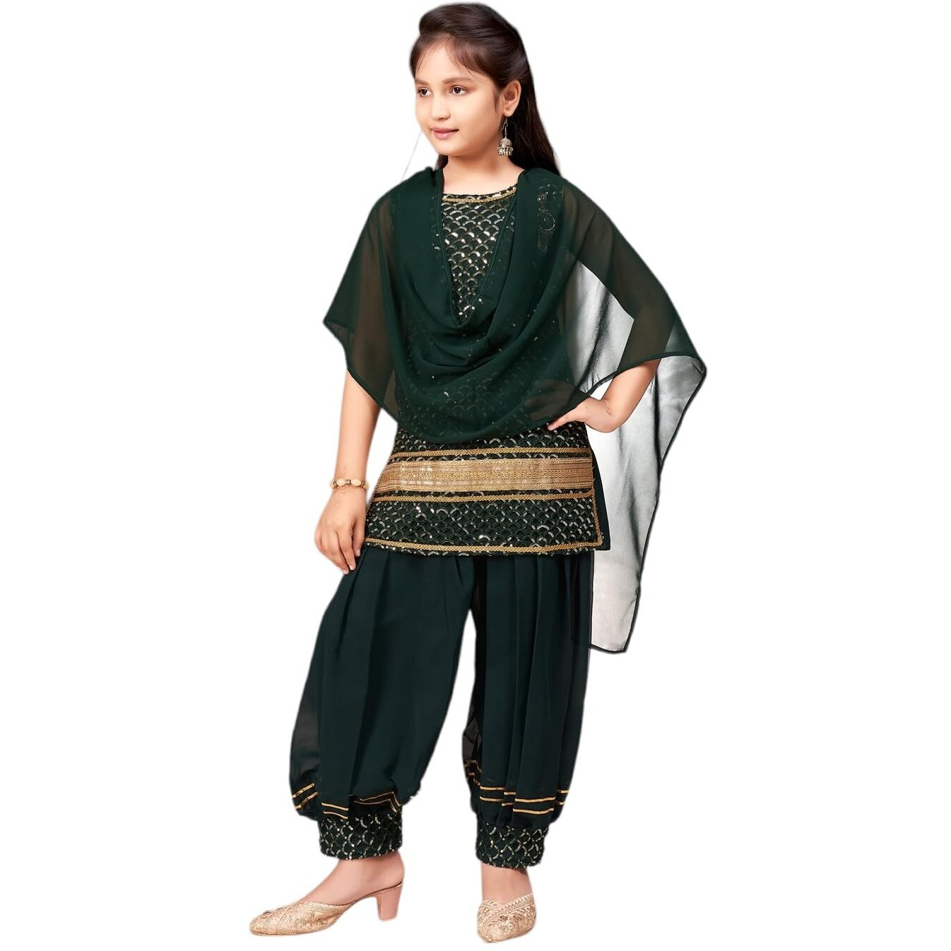 Aarika Girls Ethnic Wear D-Green Colour Sequin Embroidery Lace Work Georgette Kurti Patiala Set (4-10 Years)