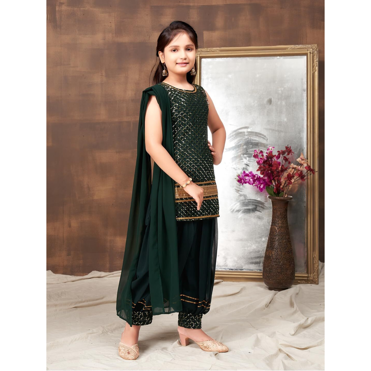 Aarika Girls Ethnic Wear D-Green Colour Sequin Embroidery Lace Work Georgette Kurti Patiala Set (4-10 Years)