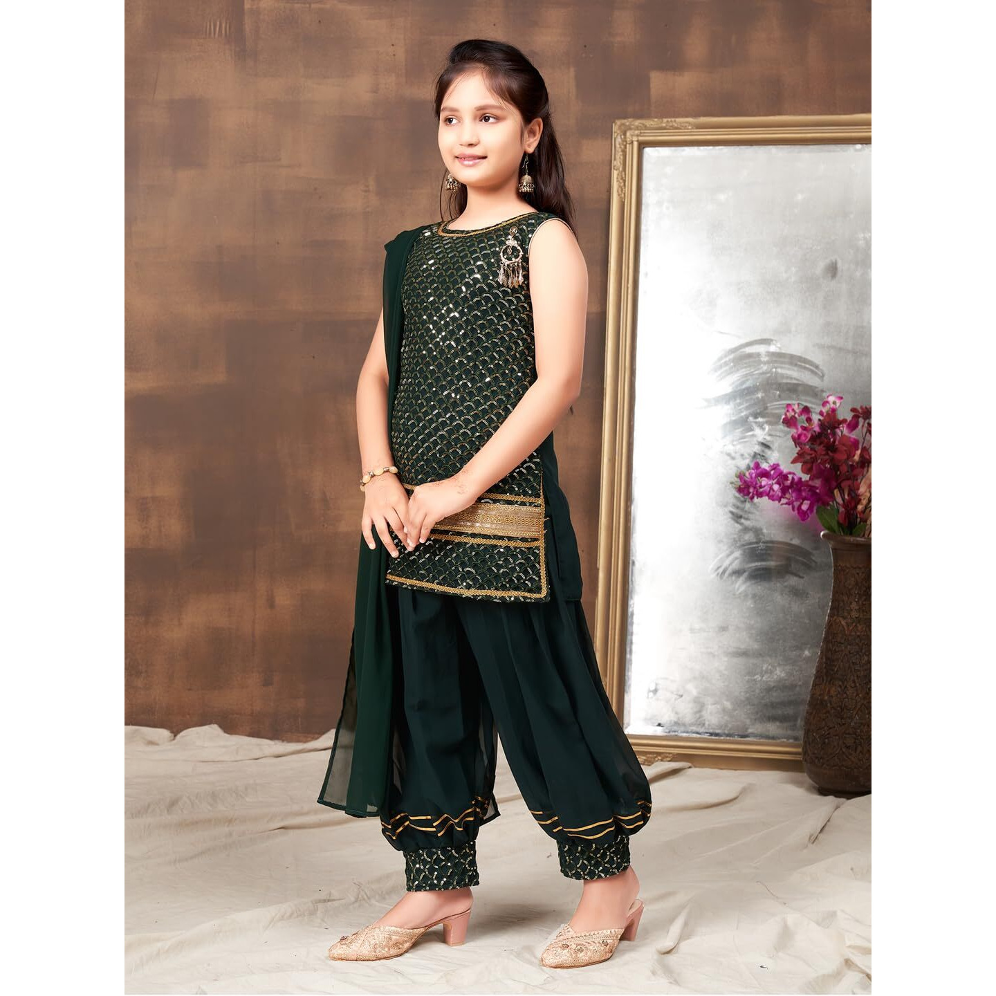 Aarika Girls Ethnic Wear D-Green Colour Sequin Embroidery Lace Work Georgette Kurti Patiala Set (4-10 Years)