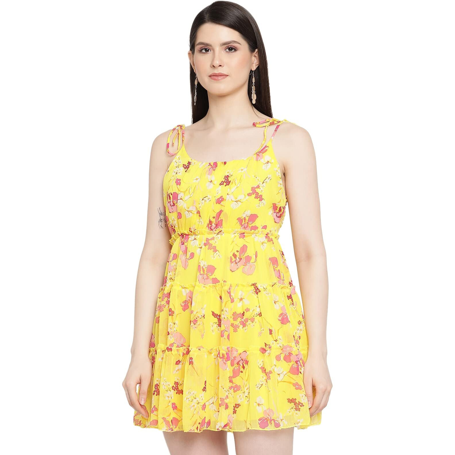 Sugathari Women's Yellow Chiffon Solid Floral Off Shoulder Fit & Flare Dress For Women (Dress2 56 Yellow M)