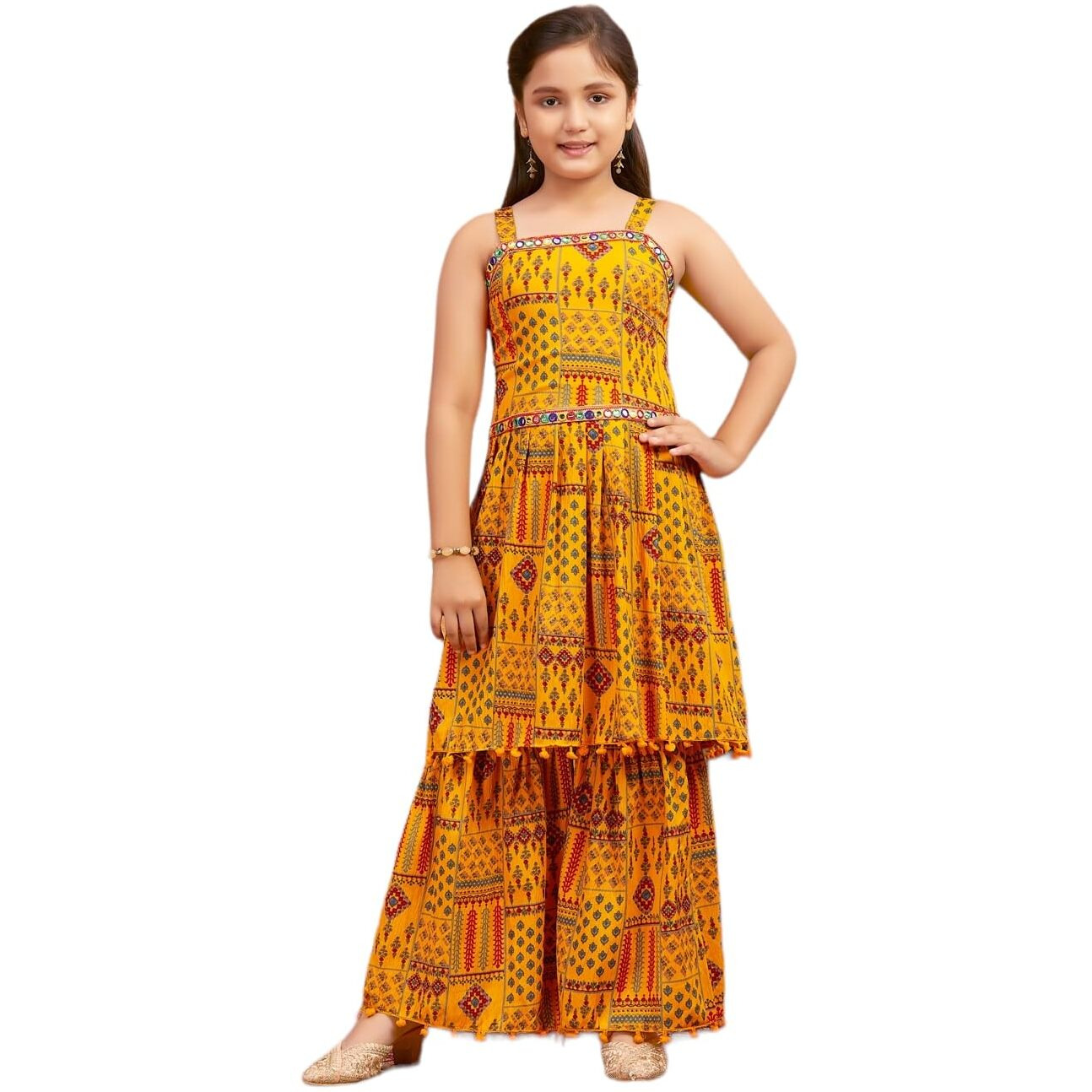 Aarika Girls Ethnic Wear Yellow Colour Printed Mirror Lace Polyester Kurti Sharara Set (10-15 Years)