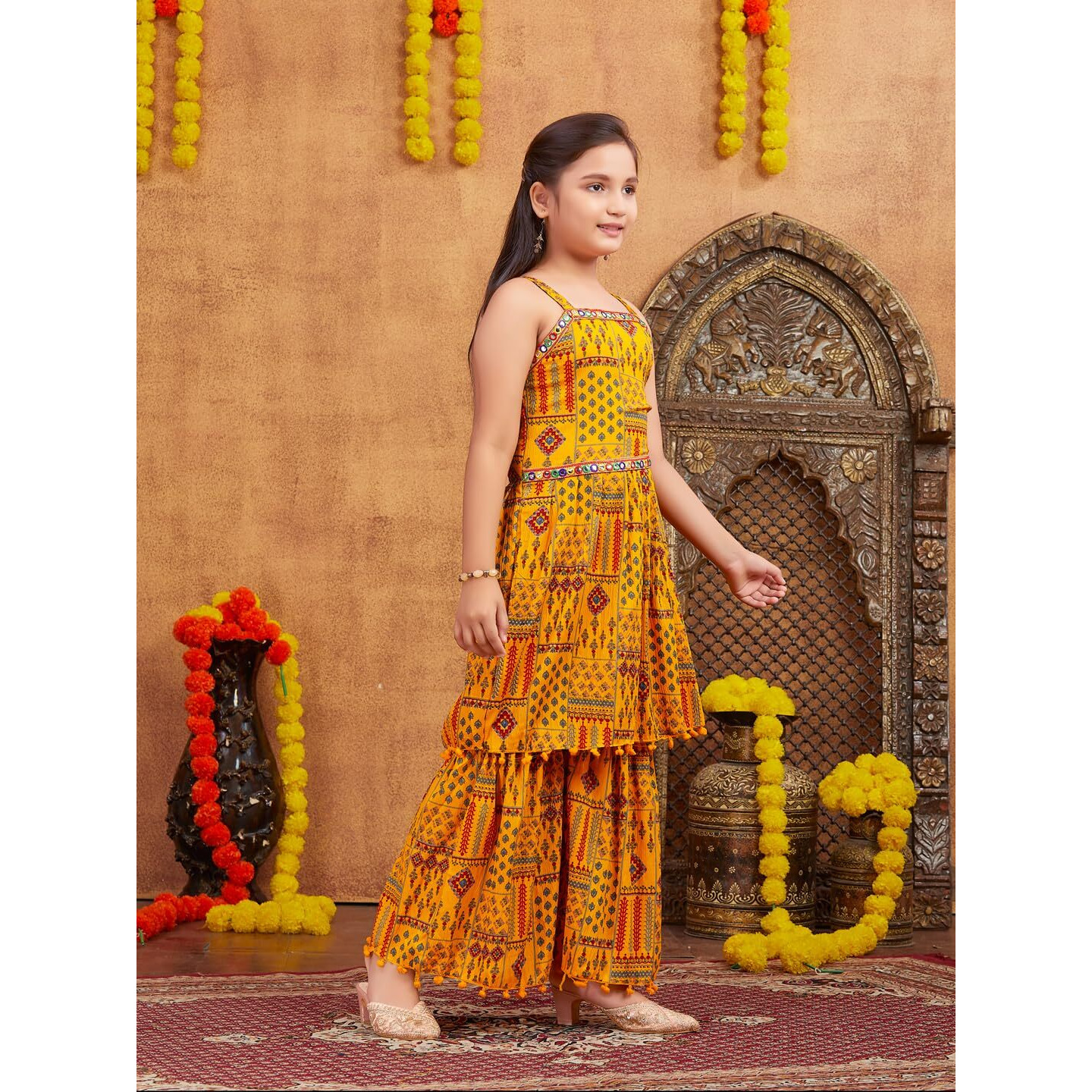 Aarika Girls Ethnic Wear Yellow Colour Printed Mirror Lace Polyester Kurti Sharara Set (10-15 Years)