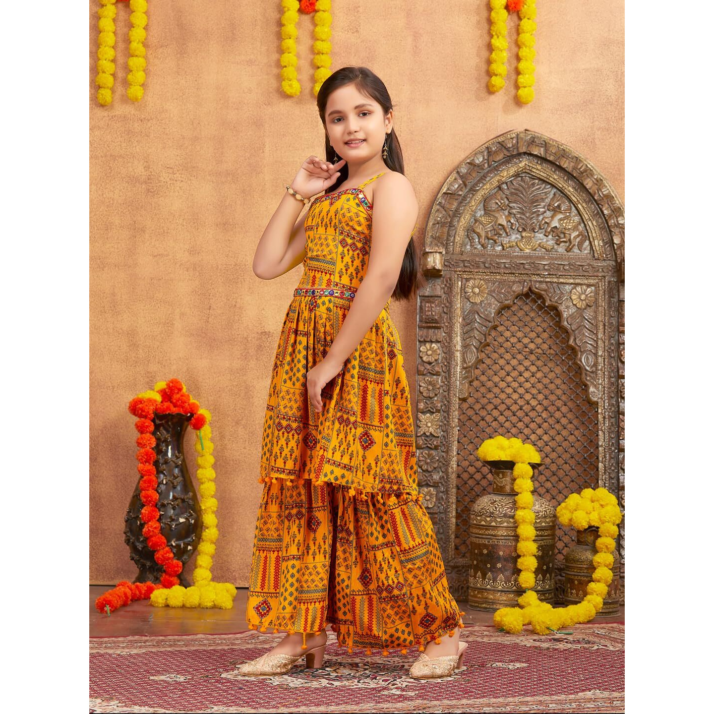 Aarika Girls Ethnic Wear Yellow Colour Printed Mirror Lace Polyester Kurti Sharara Set (10-15 Years)