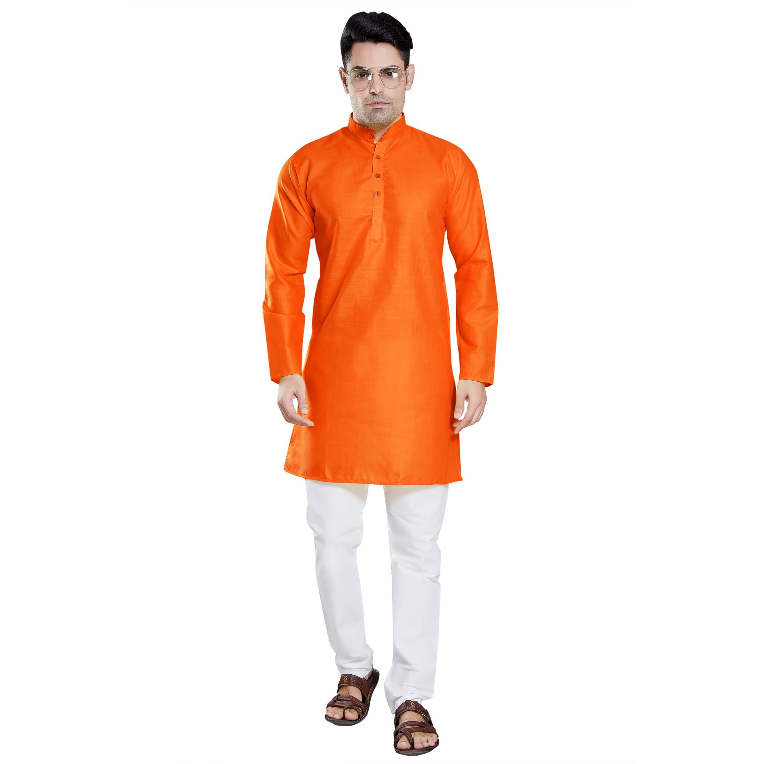 Divisive Men's Plain Cotton Blend Linen Slim Fit Kurta Pyjama Set (Dkrt63_M_Orange)