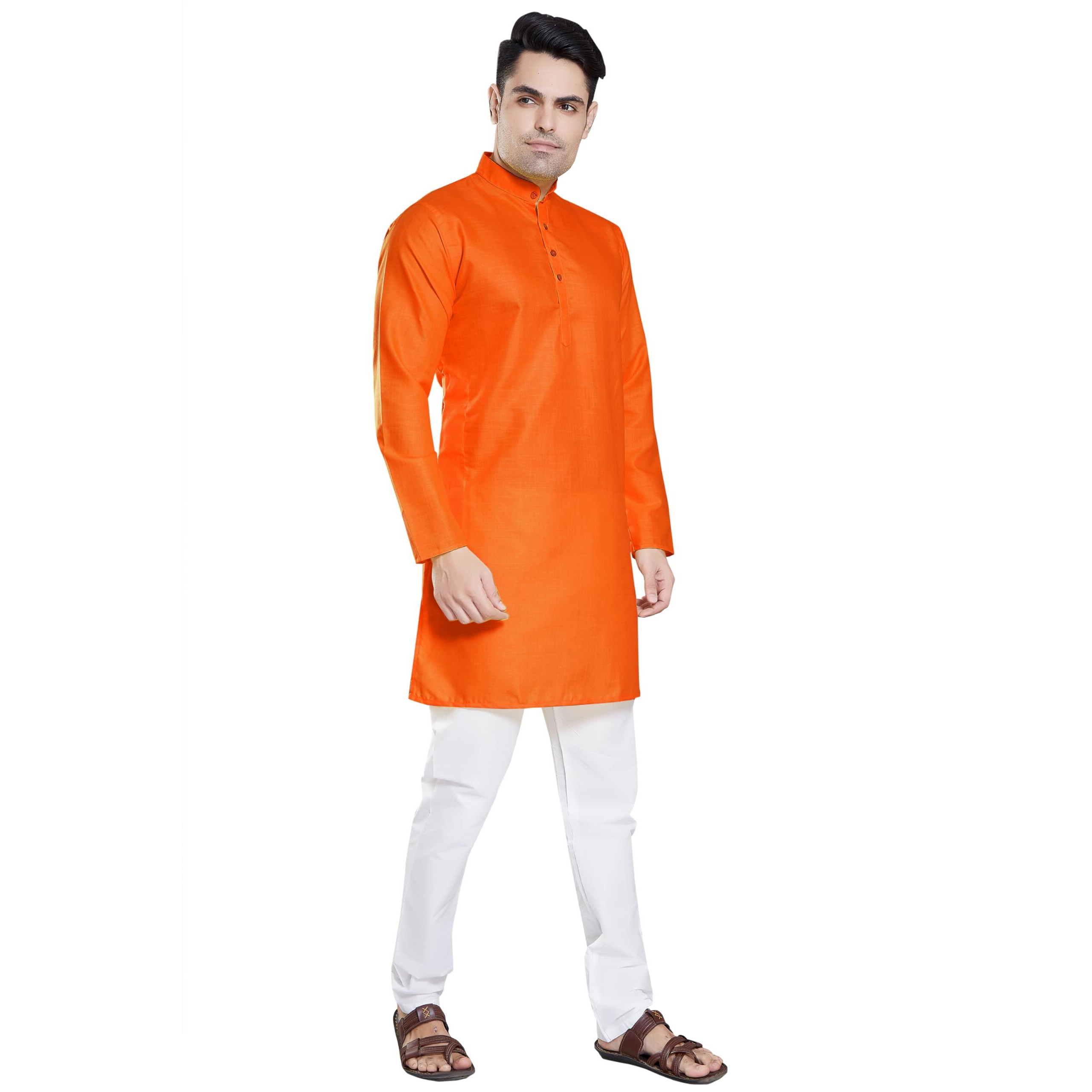 Divisive Men's Plain Cotton Blend Linen Slim Fit Kurta Pyjama Set (Dkrt63_M_Orange)