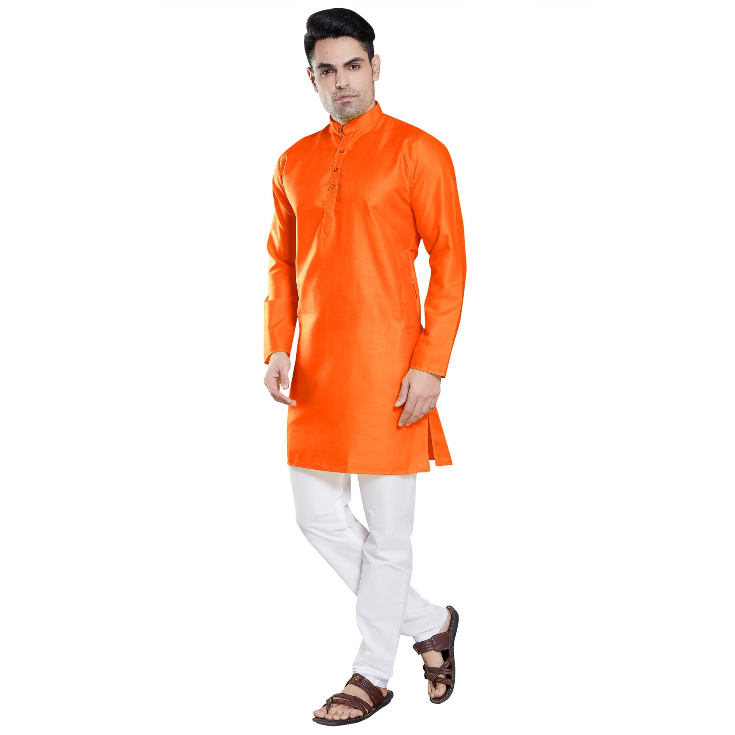 Divisive Men's Plain Cotton Blend Linen Slim Fit Kurta Pyjama Set (Dkrt63_M_Orange)