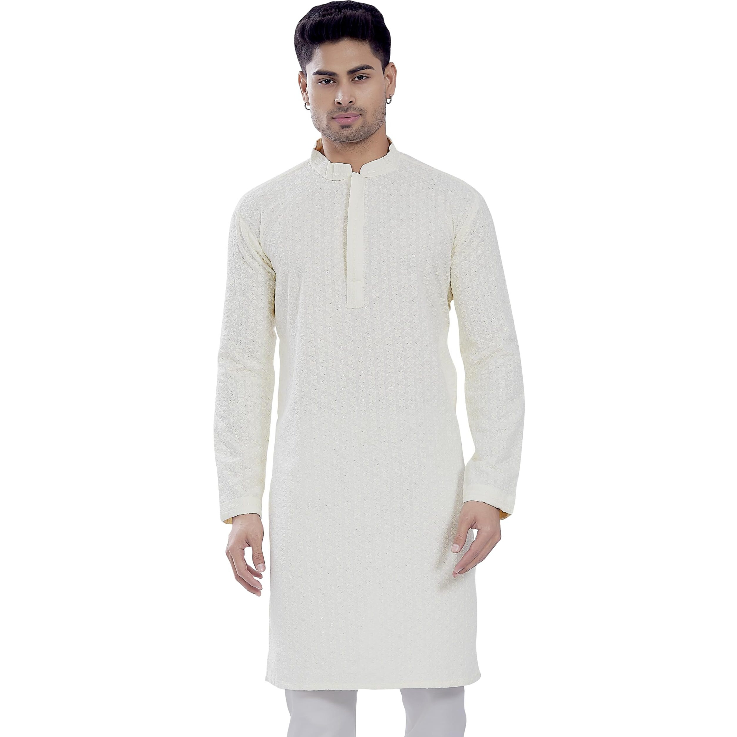 Divisive Men's Sequince Embroidered Cotton Blend Only Slim Fit Kurta (Dkrt515_L_Off White)