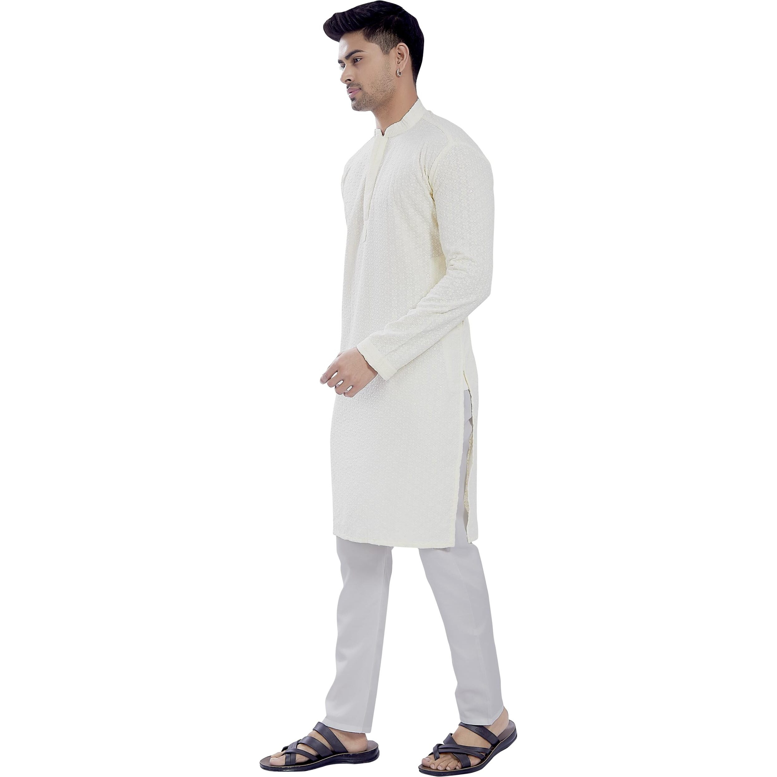 Divisive Men's Sequince Embroidered Cotton Blend Only Slim Fit Kurta (Dkrt515_L_Off White)