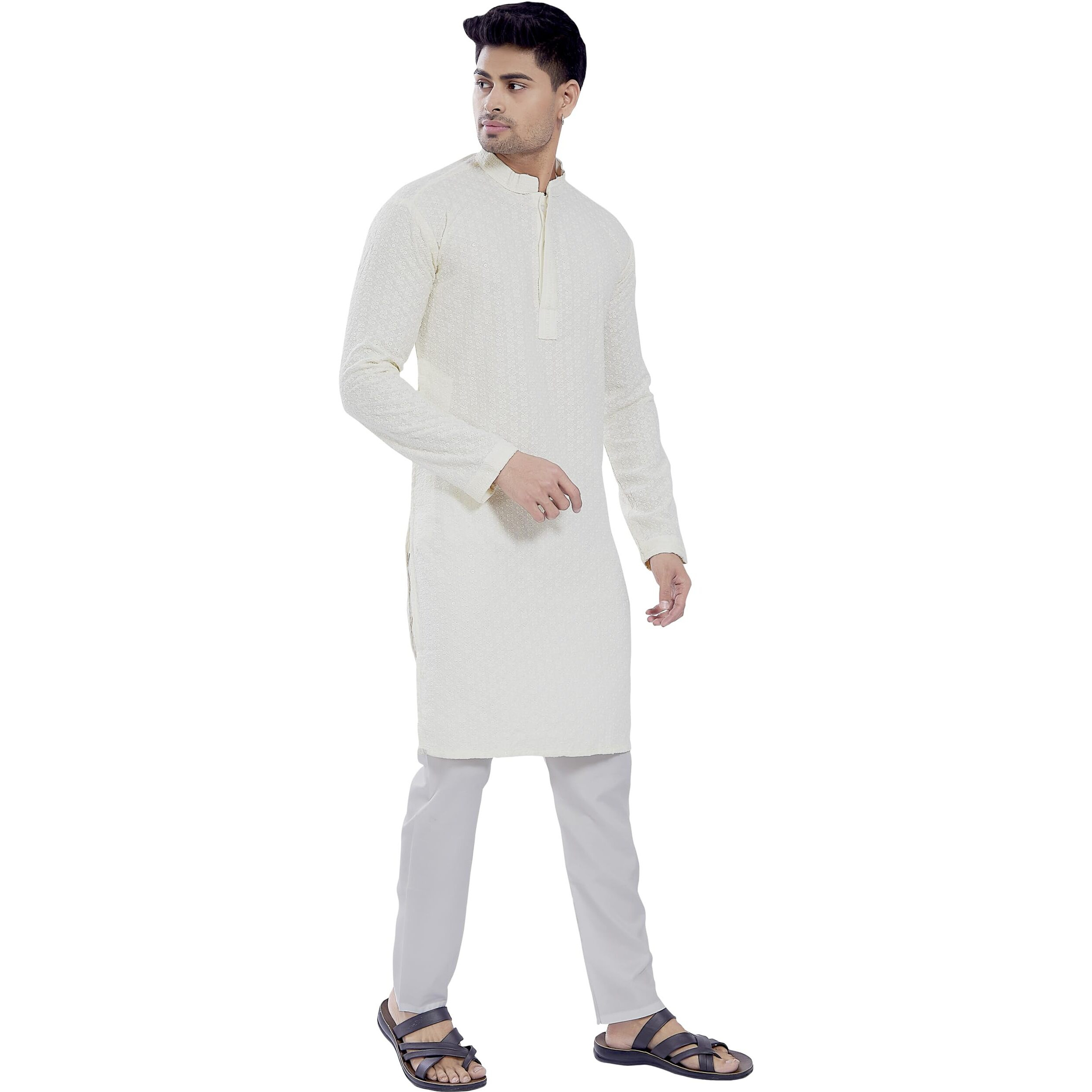 Divisive Men's Sequince Embroidered Cotton Blend Only Slim Fit Kurta (Dkrt515_L_Off White)