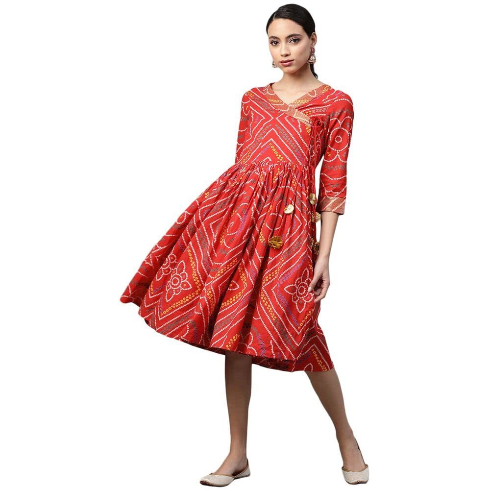 Anubhutee Women's Cotton Geometric Bandhani Printed A-Line Indo Western Dress Anu2001293_Xl_Red