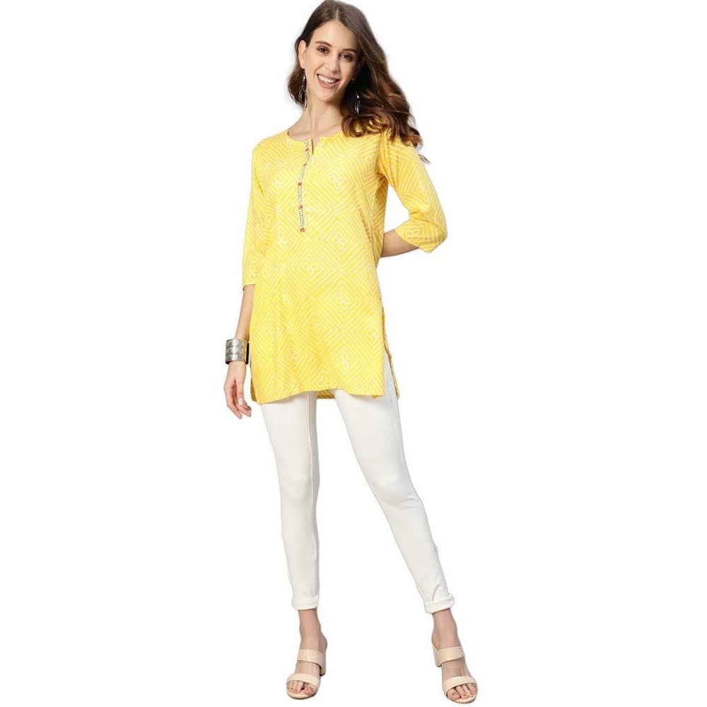 Anubhutee Women's Yellow Bandhani Printed Rayon Straight Short Kurti