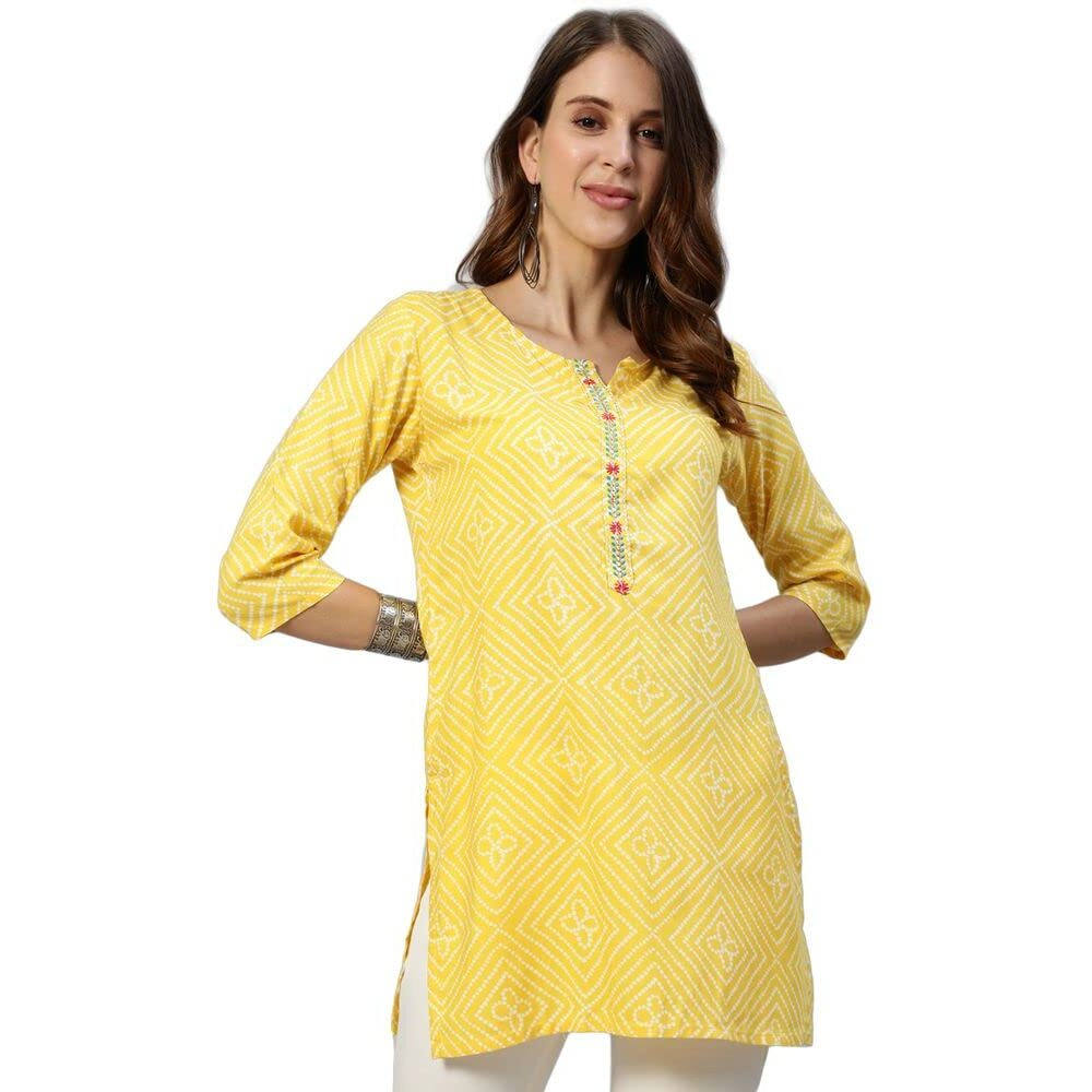 Anubhutee Women's Yellow Bandhani Printed Rayon Straight Short Kurti