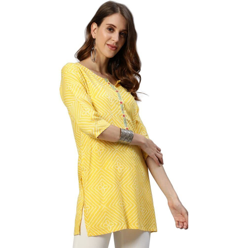 Anubhutee Women's Yellow Bandhani Printed Rayon Straight Short Kurti
