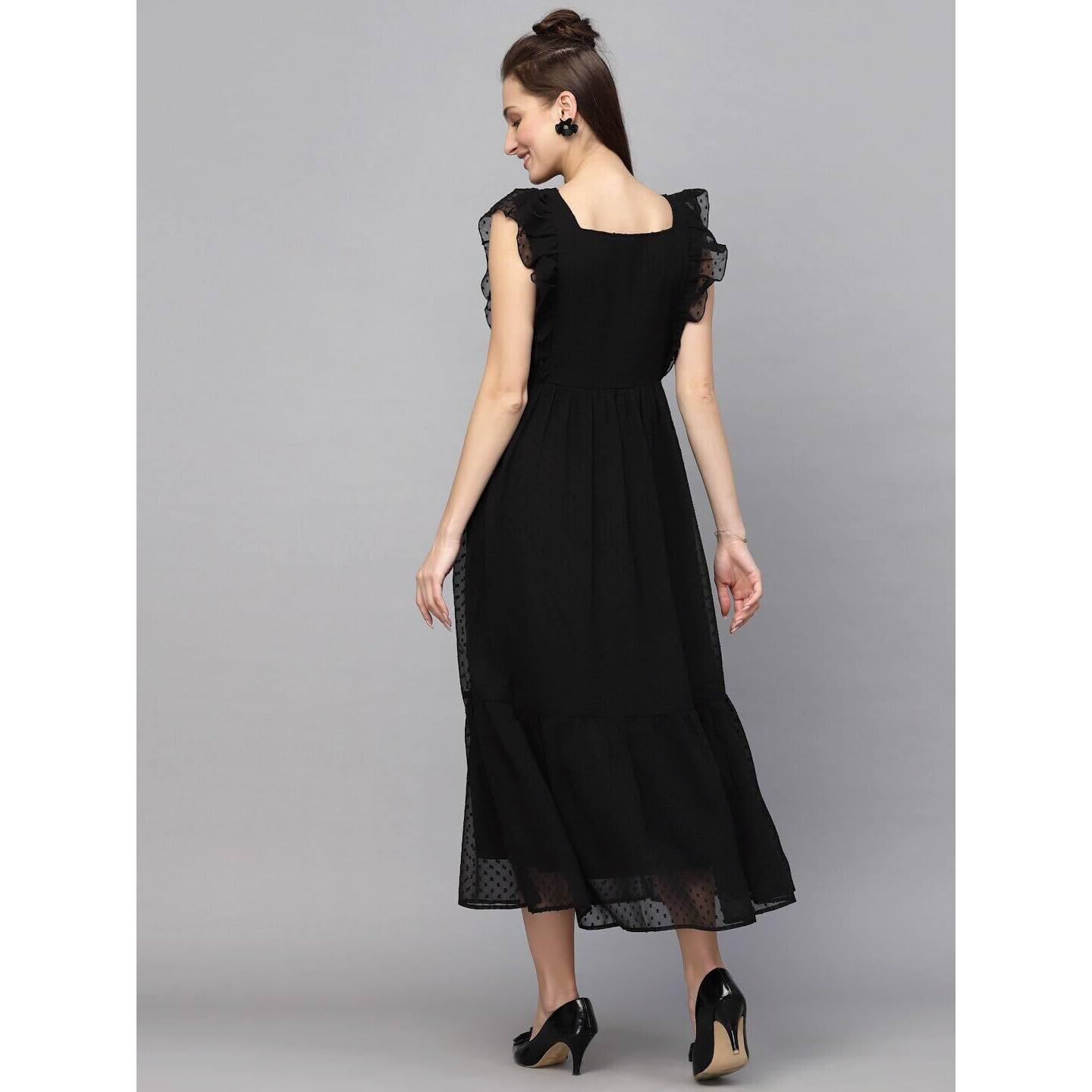 Avanova Georgette Jacquard Butti Black Square Neck Knee Length Western Dresses For Women (Dress 89 Black S)