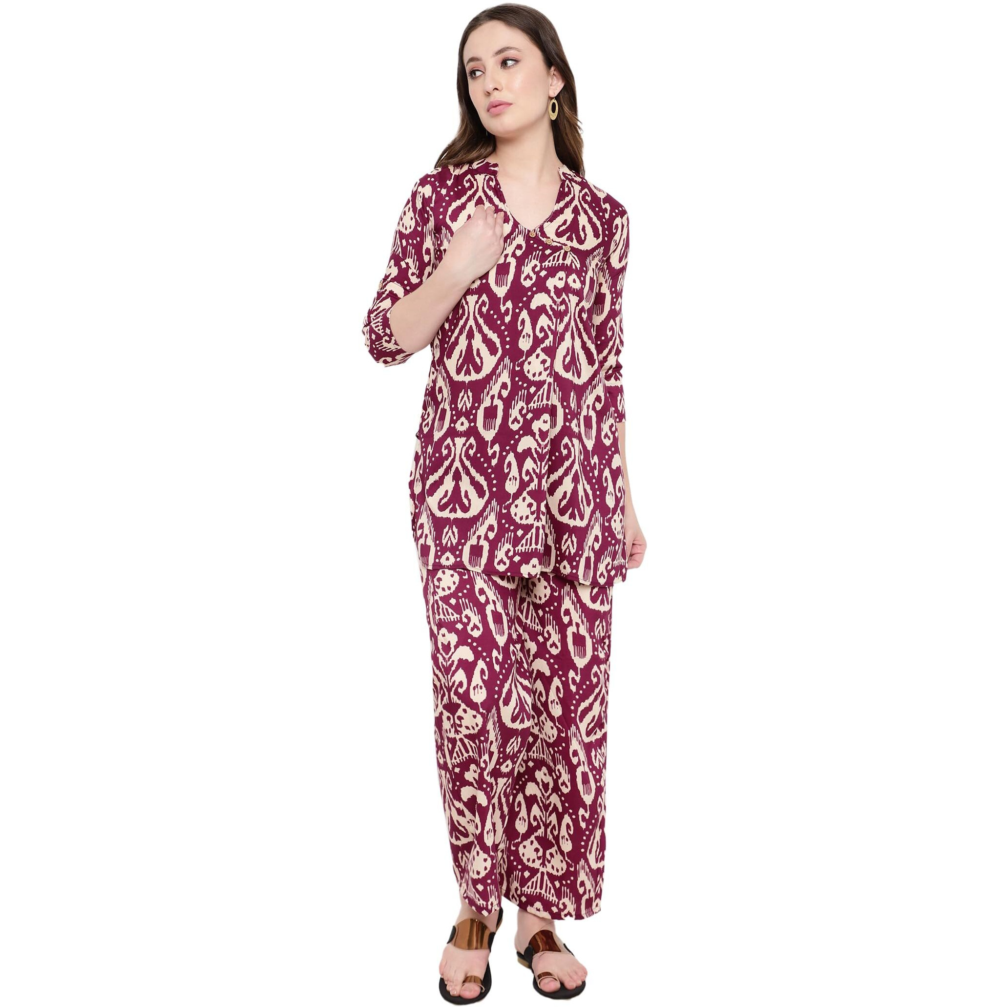 Shasmi Women's Dress Batik Magenta V-Neck Co-Ods Set For Women (Co-Ods 97 Batik Magenta L)