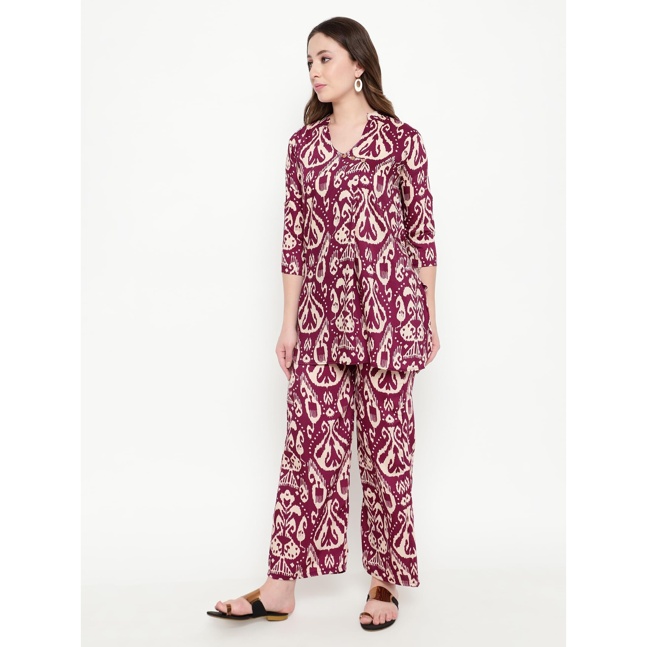 Shasmi Women's Dress Batik Magenta V-Neck Co-Ods Set For Women (Co-Ods 97 Batik Magenta L)