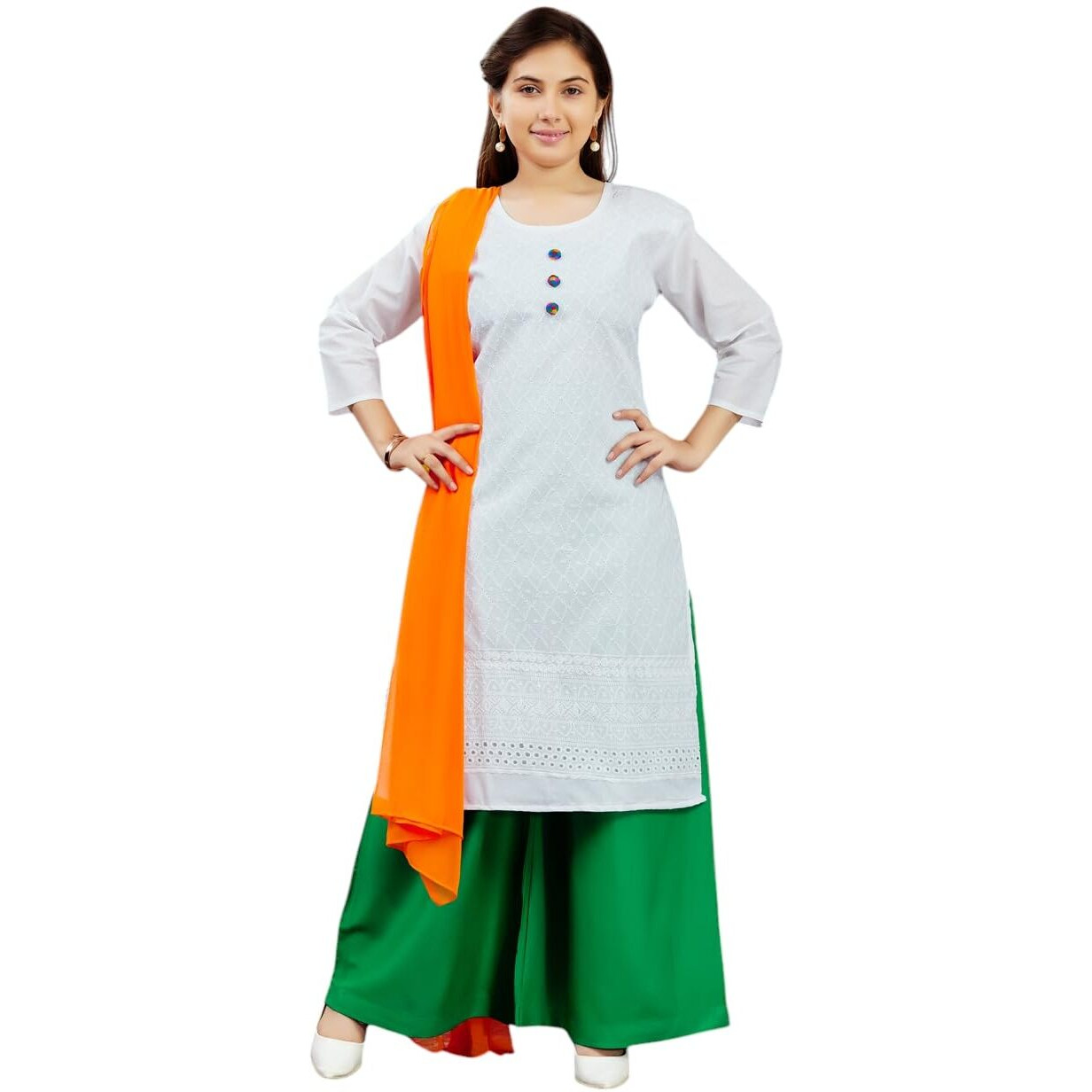 Aarika Girls Casual Wear White-Green Colour Embroidery Cotton Kurti Palazzo With Dupatta(7-15 Years)