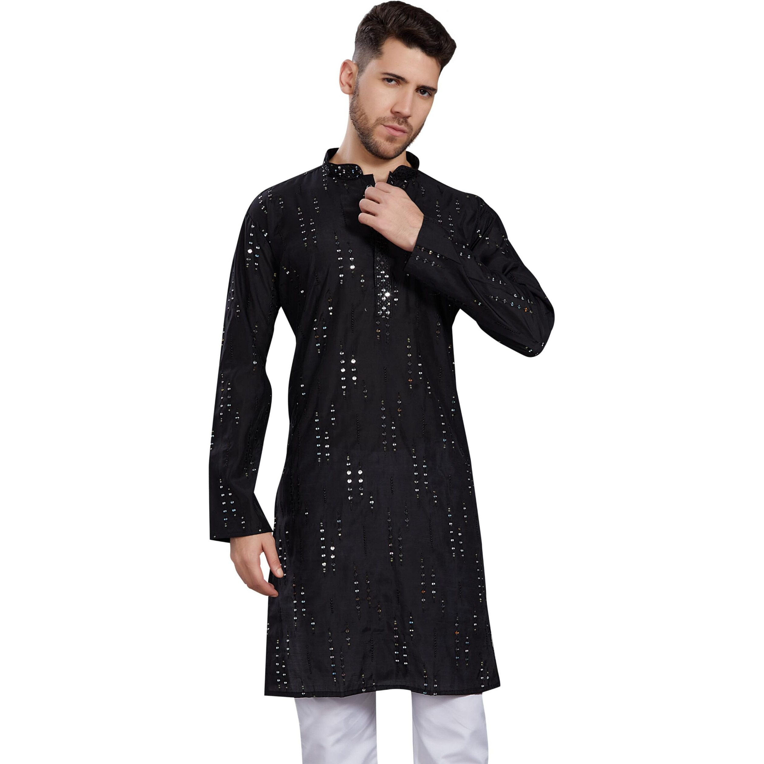 Divisive Men's Mirror Embroidered Silk Blend Only Slim Fit Kurta (Dkrt818_M_Black)