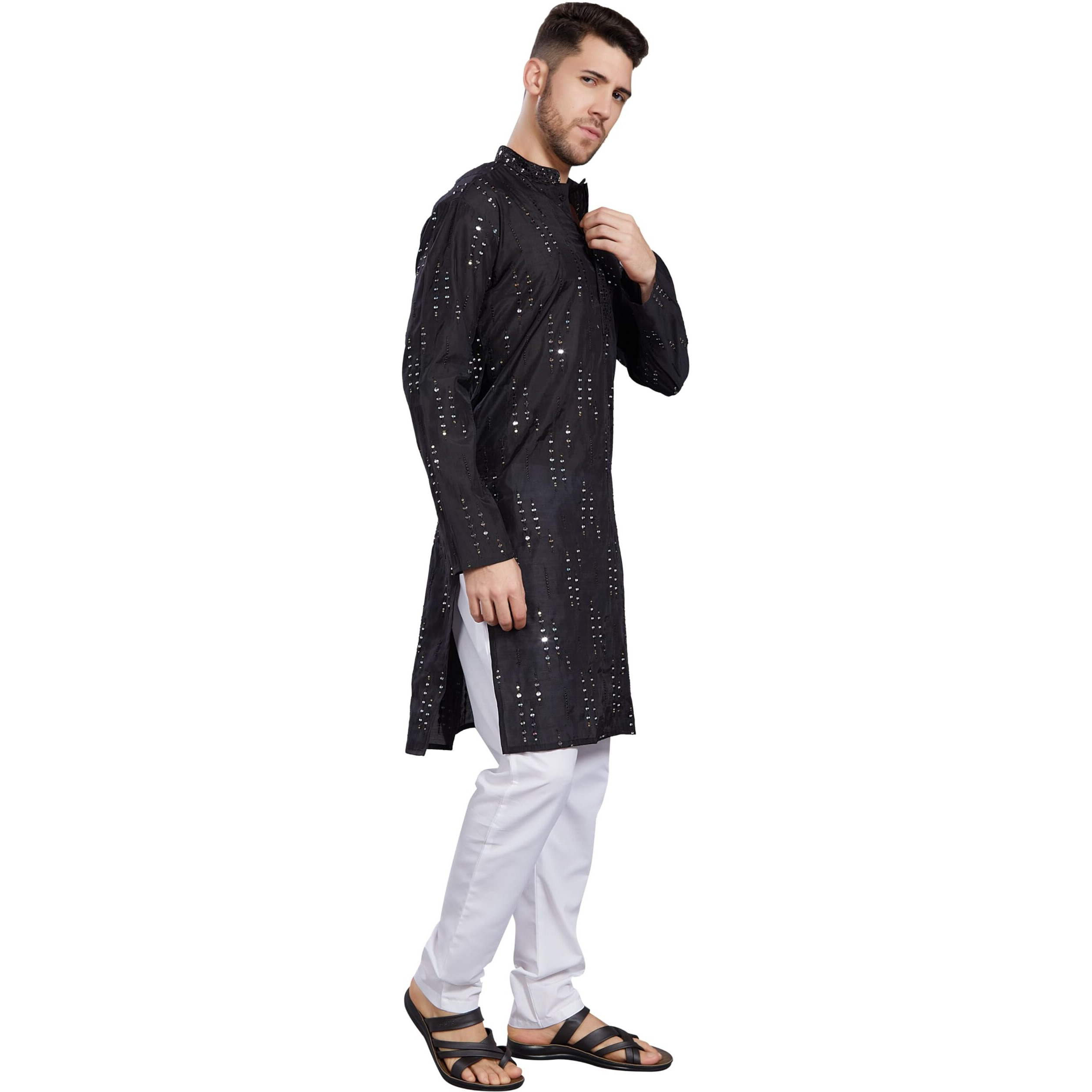 Divisive Men's Mirror Embroidered Silk Blend Only Slim Fit Kurta (Dkrt818_M_Black)
