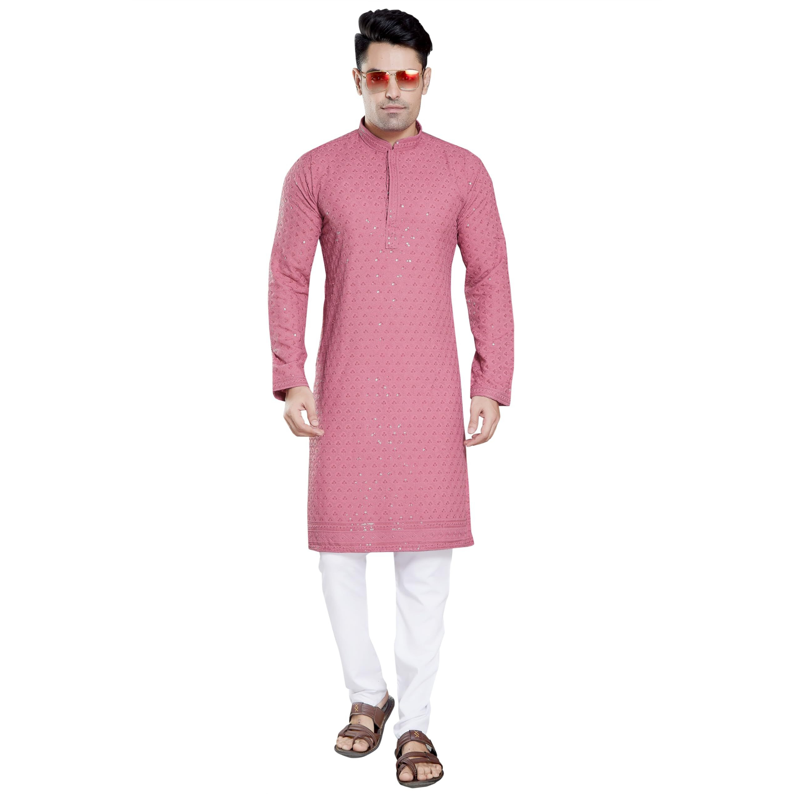 Divisive Men's Sequince Embroidered Cotton Blend Slim Fit Kurta Pyjama Set (Dkrt146_S_Pink)