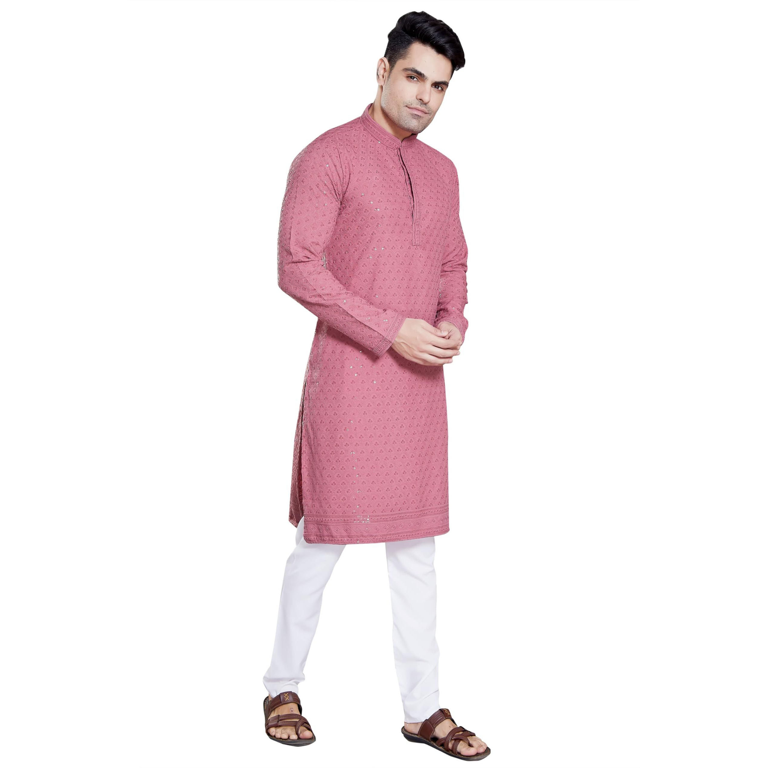 Divisive Men's Sequince Embroidered Cotton Blend Slim Fit Kurta Pyjama Set (Dkrt146_S_Pink)