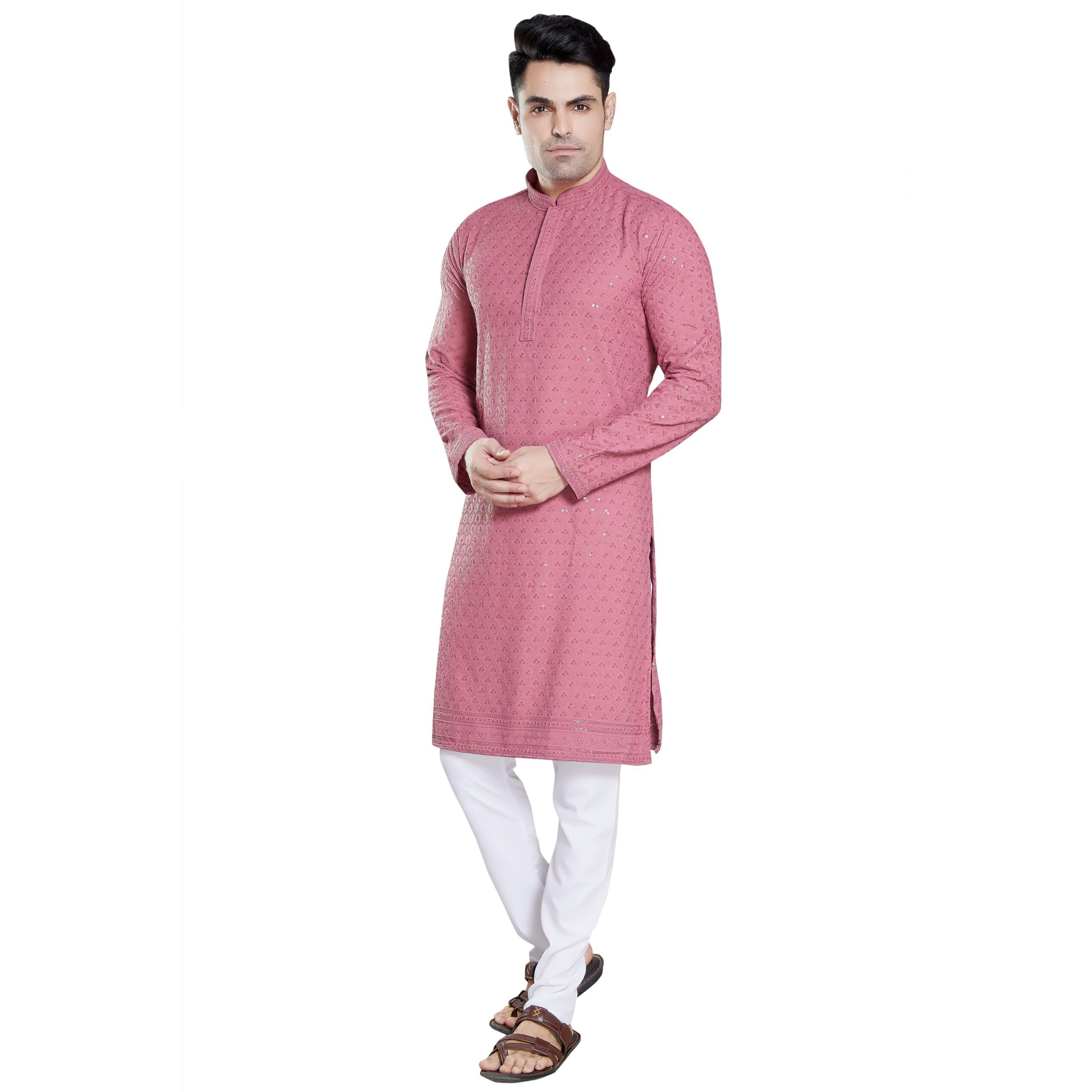 Divisive Men's Sequince Embroidered Cotton Blend Slim Fit Kurta Pyjama Set (Dkrt146_S_Pink)