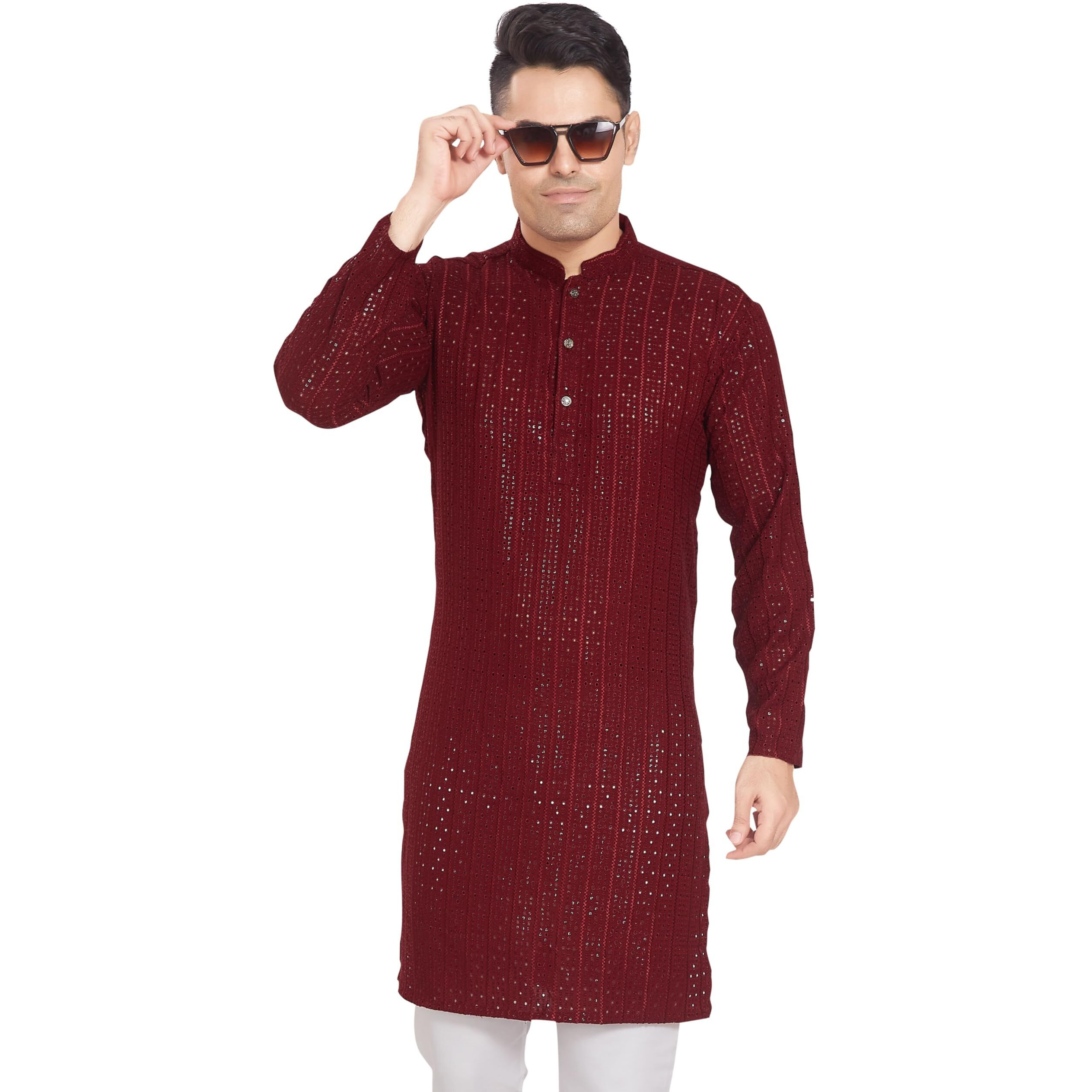 Divisive Men's Embroidered Cotton Blend Only Slim Fit Kurta (Dkrt375_L_Maroon)