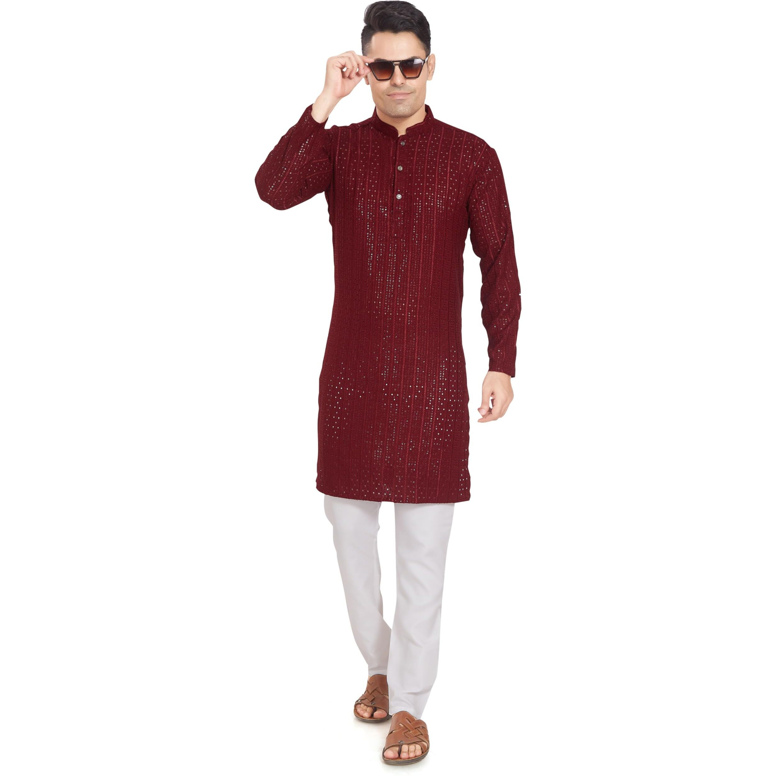 Divisive Men's Embroidered Cotton Blend Only Slim Fit Kurta (Dkrt375_L_Maroon)