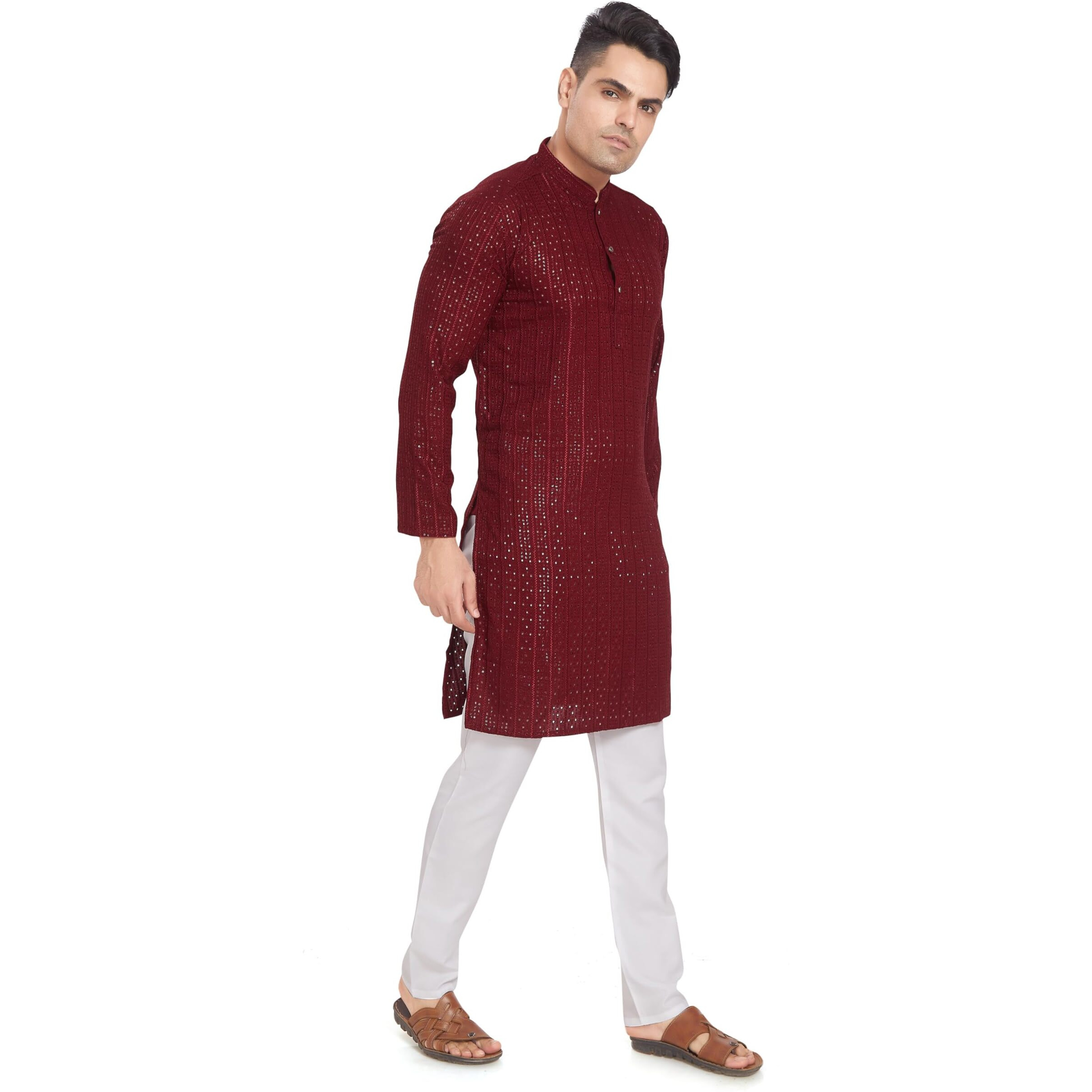 Divisive Men's Embroidered Cotton Blend Only Slim Fit Kurta (Dkrt375_L_Maroon)