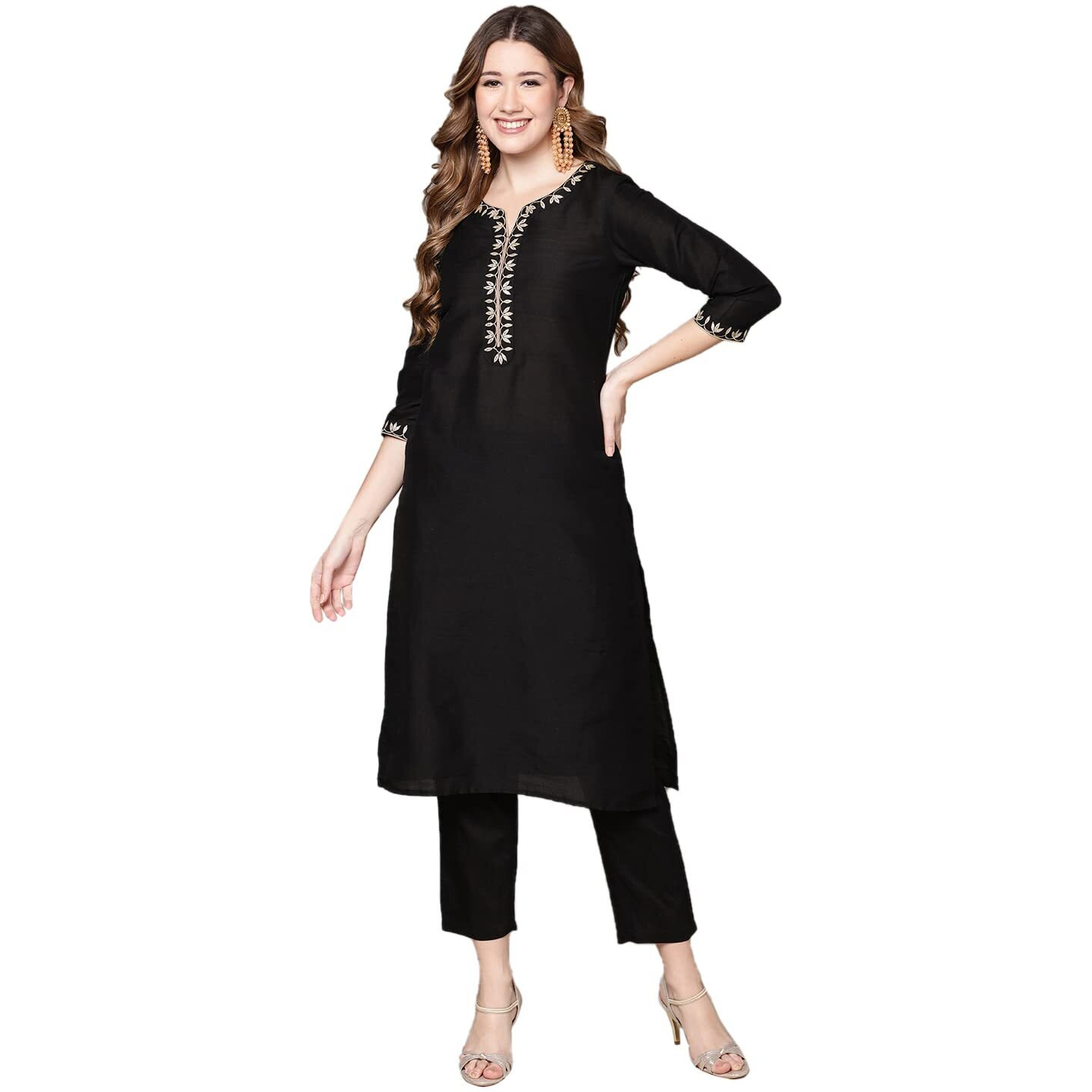 Anubhutee Women's Cotton Black Ethnic Motifs Zari Work Embroidered Straight Kurta Suit Set With Trousers