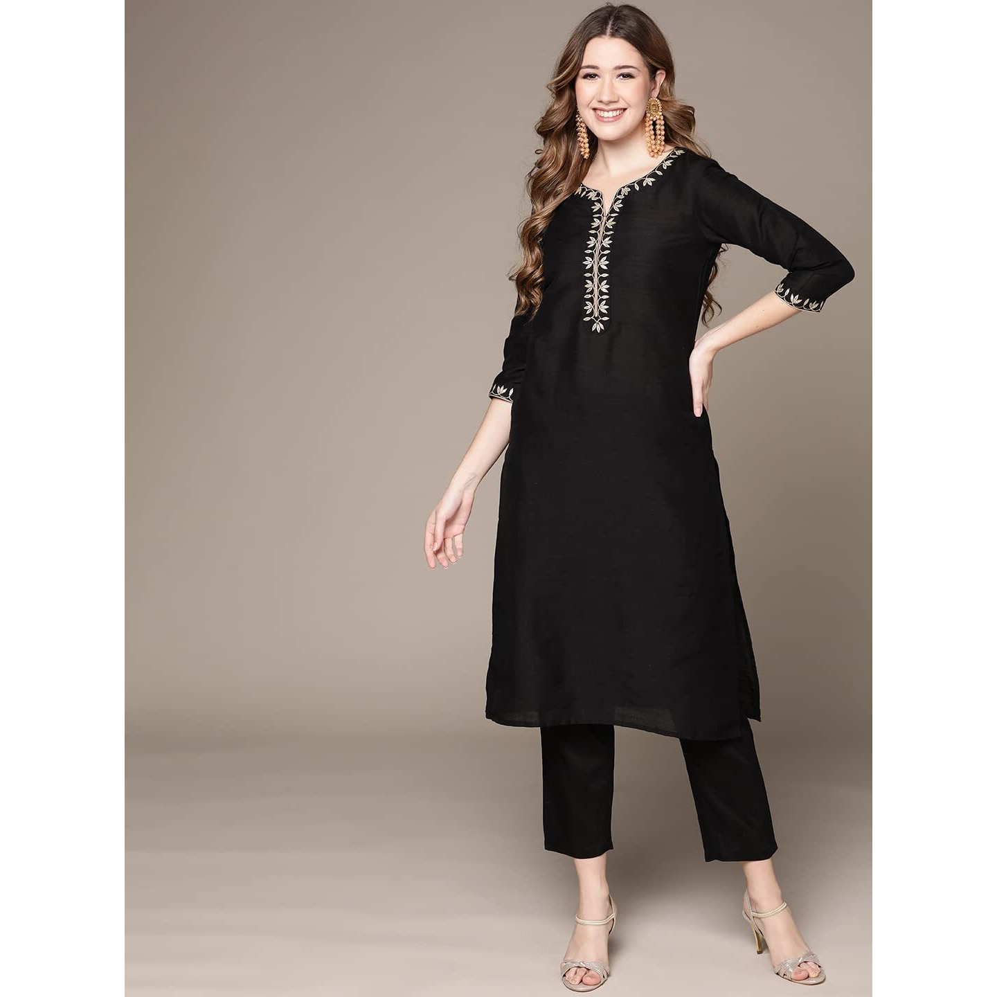 Anubhutee Women's Cotton Black Ethnic Motifs Zari Work Embroidered Straight Kurta Suit Set With Trousers
