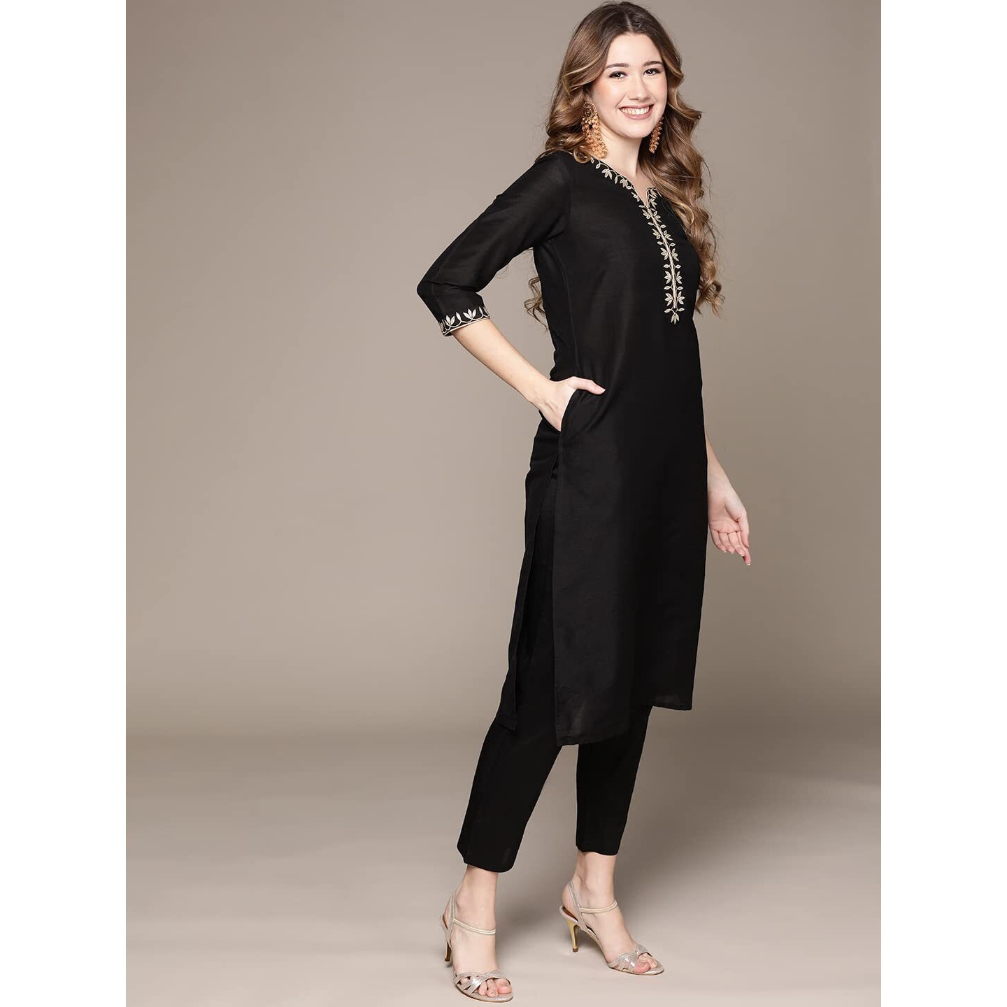 Anubhutee Women's Cotton Black Ethnic Motifs Zari Work Embroidered Straight Kurta Suit Set With Trousers