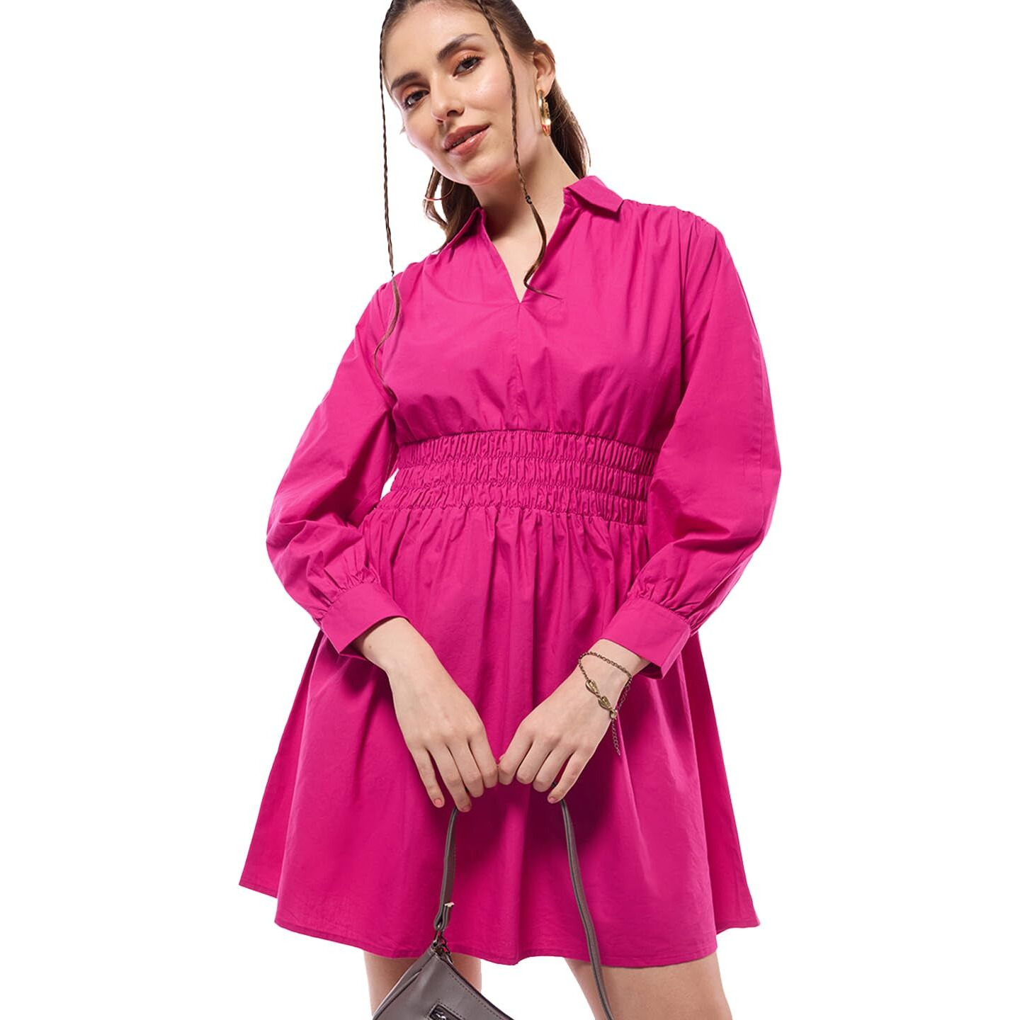 Bewakoof Women's Solid Oversized Fit Full Sleeve Collar Cotton Shirt Dress 635464 Pink 2Xl