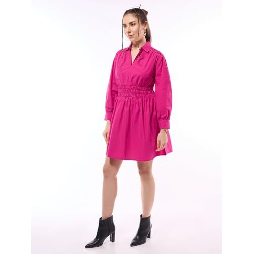 Bewakoof Women's Solid Oversized Fit Full Sleeve Collar Cotton Shirt Dress 635464 Pink 2Xl