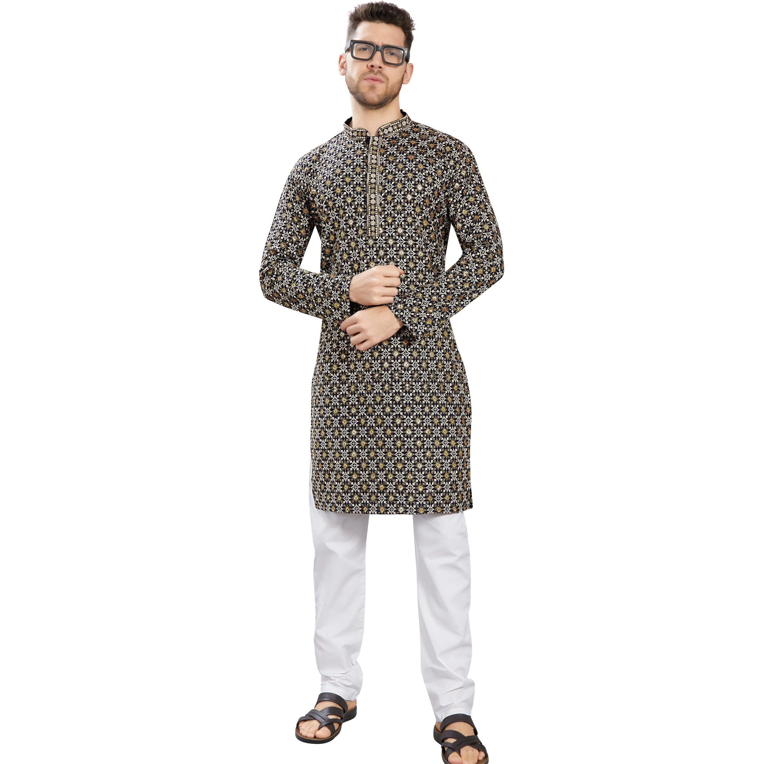 Divisive Men's Sequince Embroidered Cotton Blend Only Slim Fit Kurta (Dkrt753_Xl_Navy)