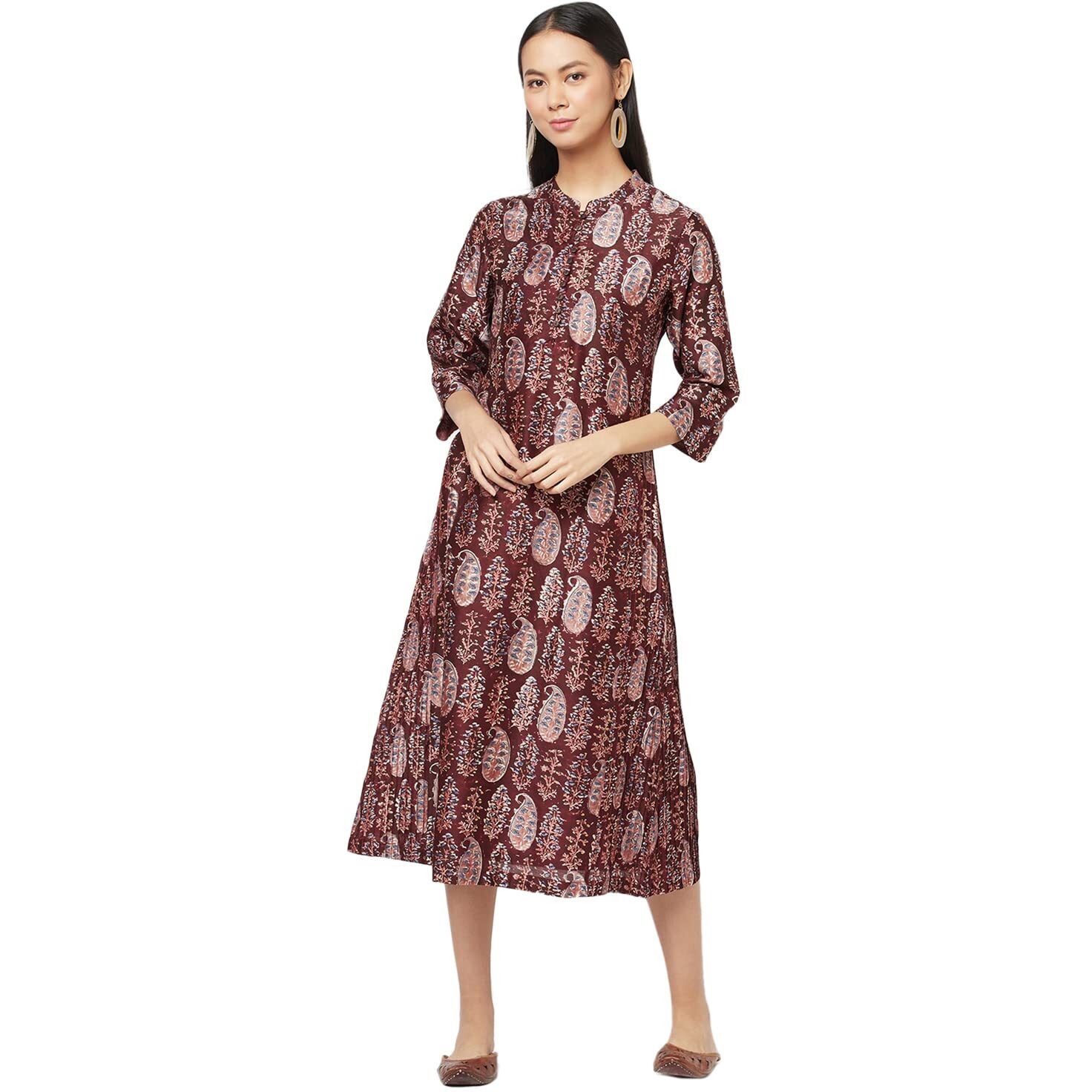 Fabindia Women's Cotton Silk Printed Slim Kurta_Maroon_Xs