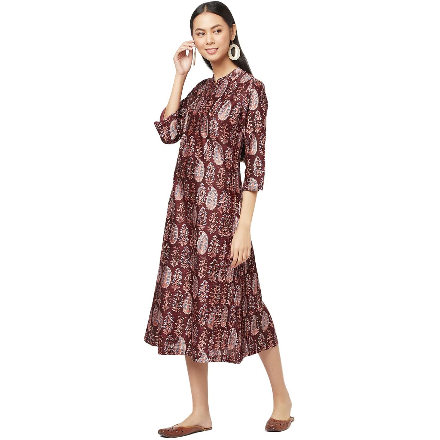 Fabindia Women's Cotton Silk Printed Slim Kurta_Maroon_Xs