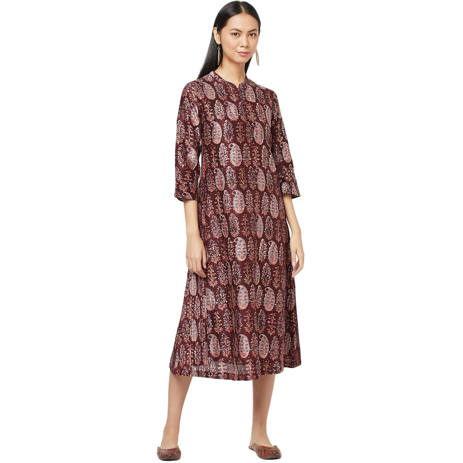 Fabindia Women's Cotton Silk Printed Slim Kurta_Maroon_Xs