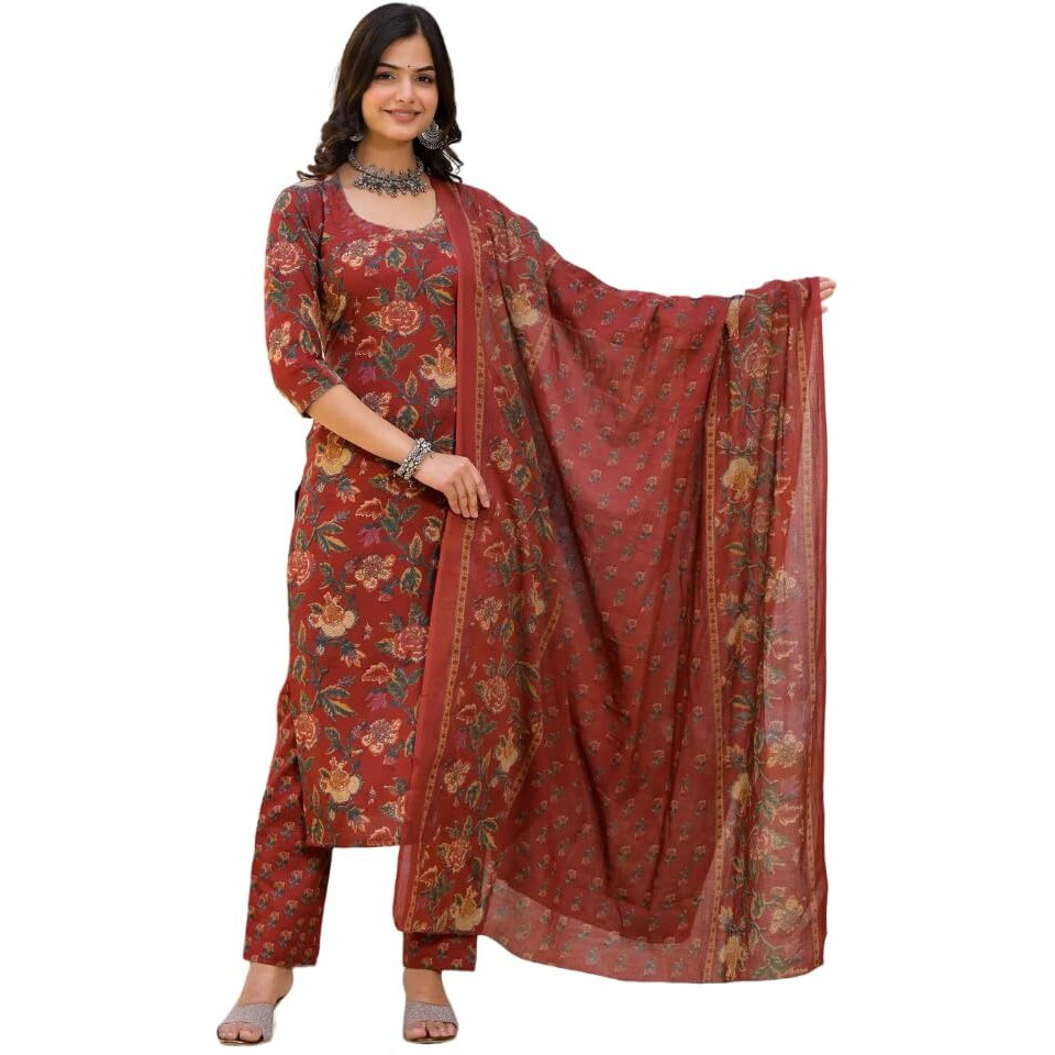 Fabnex Cotton Blend Women Kurta Set (K-67-Red-L_Red