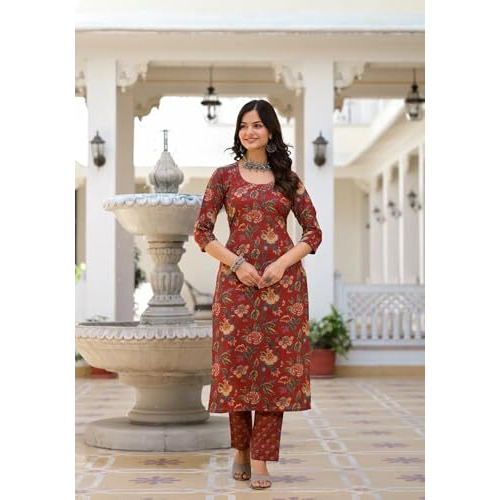 Fabnex Cotton Blend Women Kurta Set (K-67-Red-L_Red