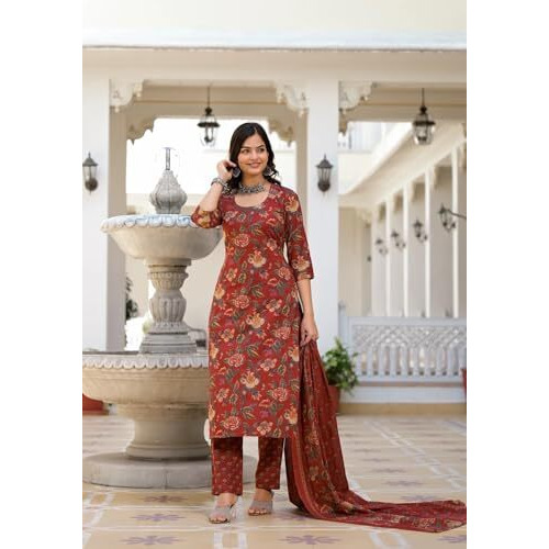 Fabnex Cotton Blend Women Kurta Set (K-67-Red-L_Red