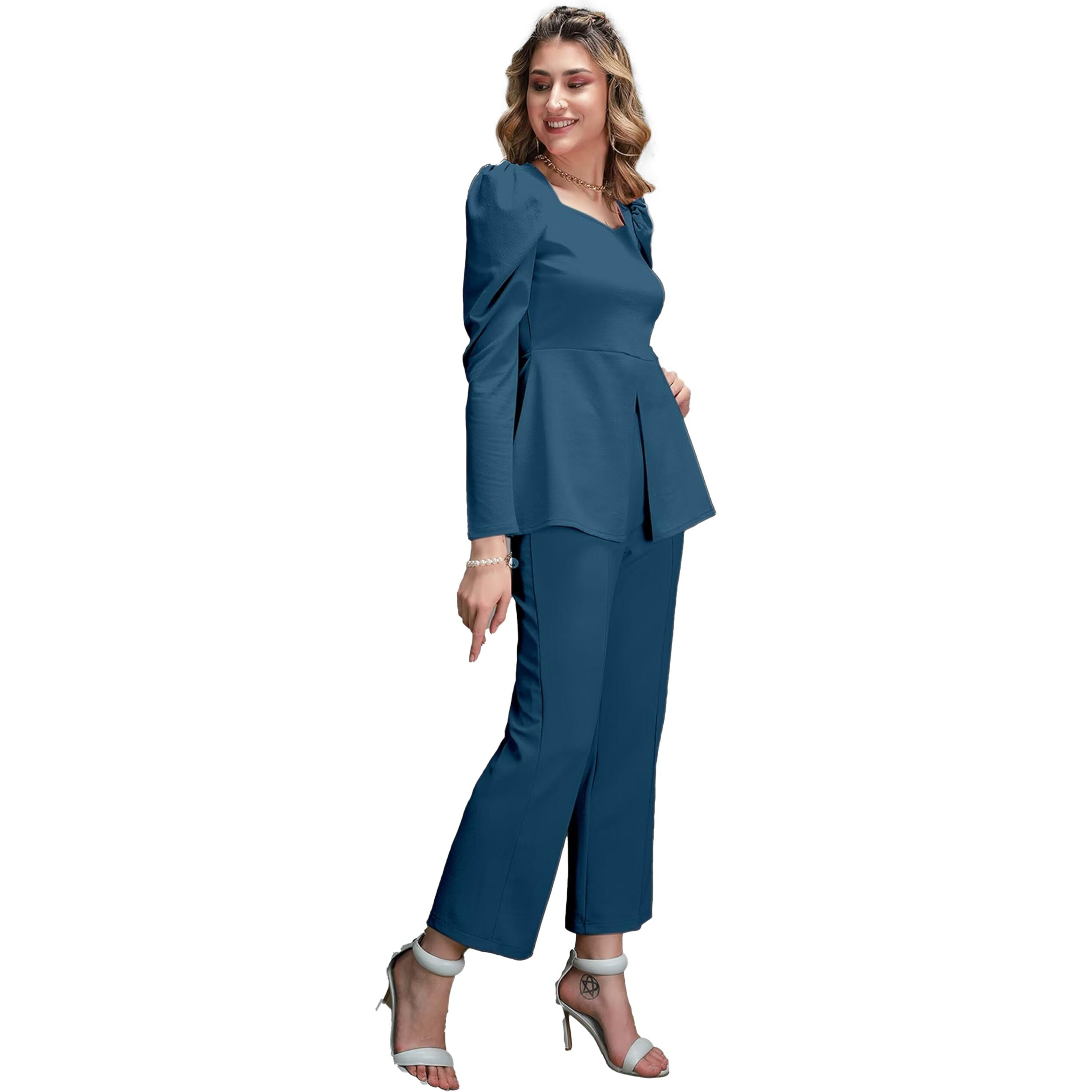 Elliti Solid Relaxed Fit Full Sleeve Co-Ord Set For Women's | Coord Sets | Top And Formal Trouser Co Ord Set For Women (Set Of 2 Piece) (Size Xl) (Color Air Force/Teal)