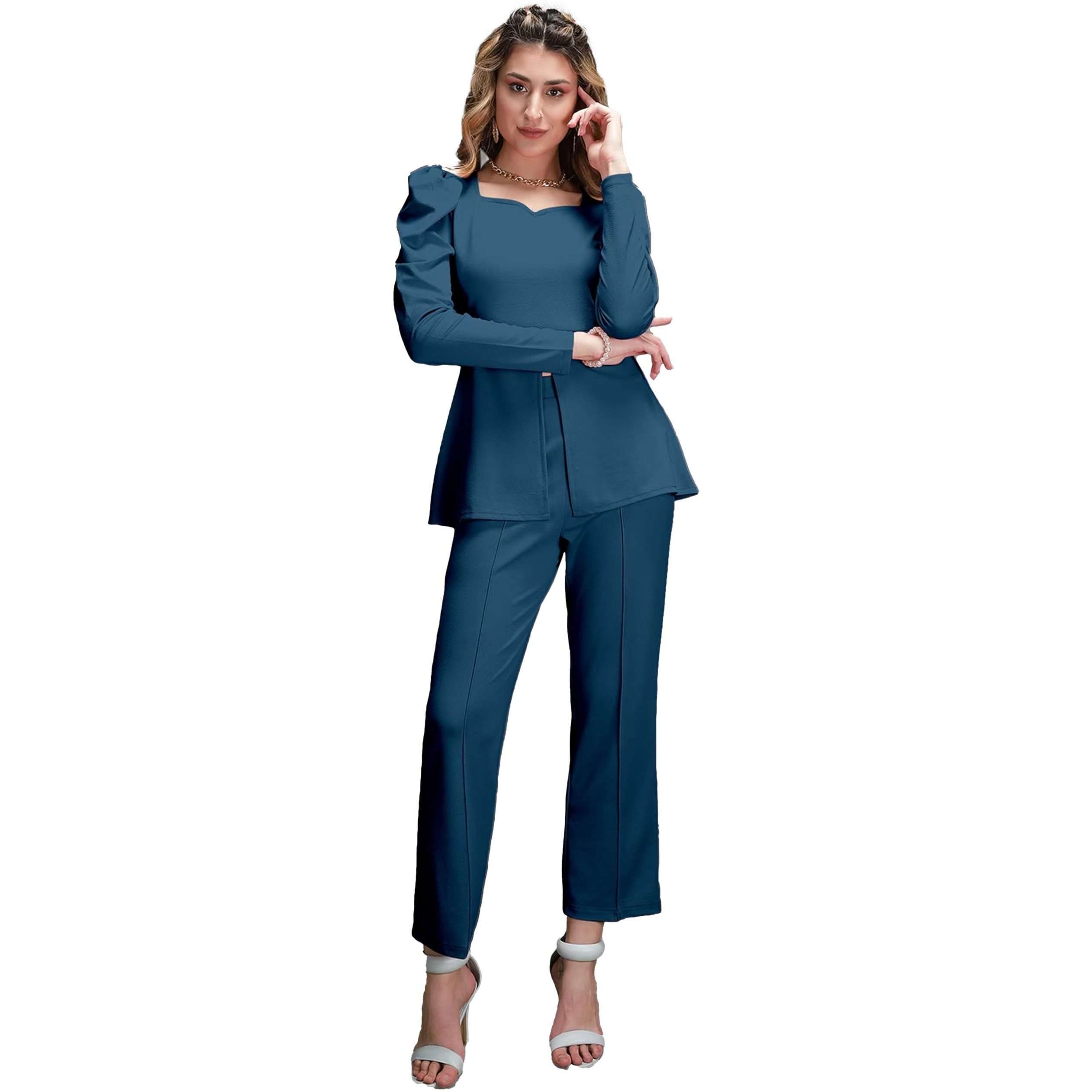 Elliti Solid Relaxed Fit Full Sleeve Co-Ord Set For Women's | Coord Sets | Top And Formal Trouser Co Ord Set For Women (Set Of 2 Piece) (Size Xl) (Color Air Force/Teal)